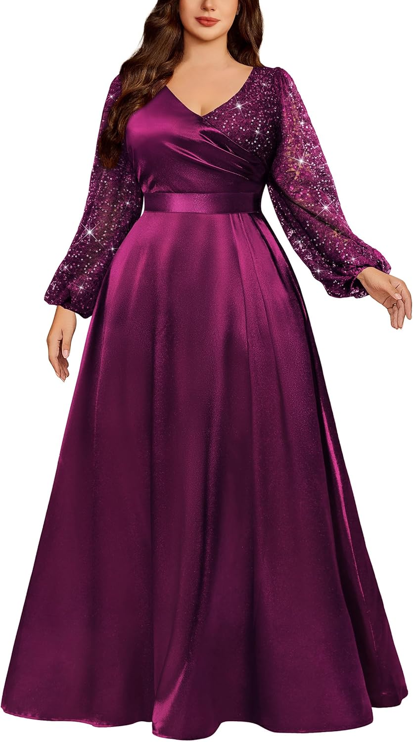 MISSMAY Women's Plus Size Sequins Lace Contrast Satin Wrap V-Neck Long Lantern Sleeve A-line Formal Maxi Dress