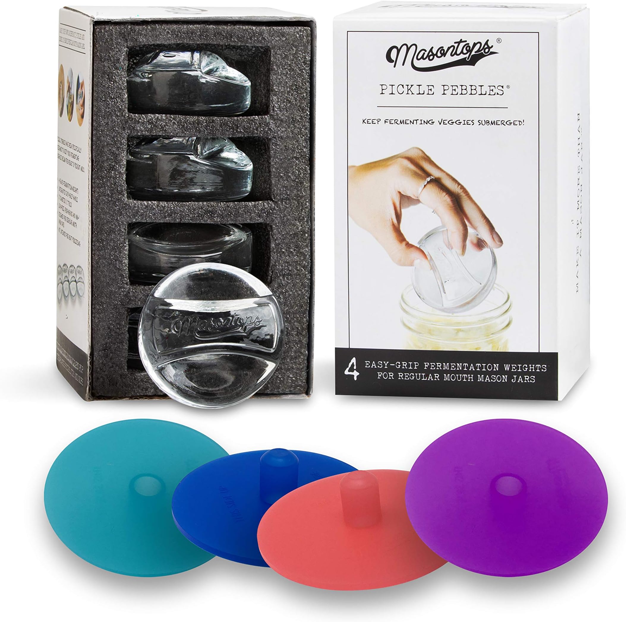 Masontops 8 PC Pickle Pebbles Glass Weight & Pickle Pipes Airlock Kits - Small Regular Mouth Lid for Pickling & Canning