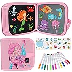 Qrytoi Erasable Doodle Set for Kids - Reusable Magic Drawing Book with 12 Watercolor Pens 14 Page Drawing, Road Trip Car Game Writing Painting Set for Boys and Girls (Mermaid)