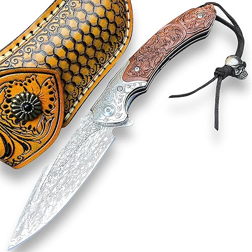 TACTICAL GEARZ Cuchillo de bolsillo de acero de Damasco, mango de palisandro tallado personalizado, incluye funda de cuero personalizada (Kahuna XT)