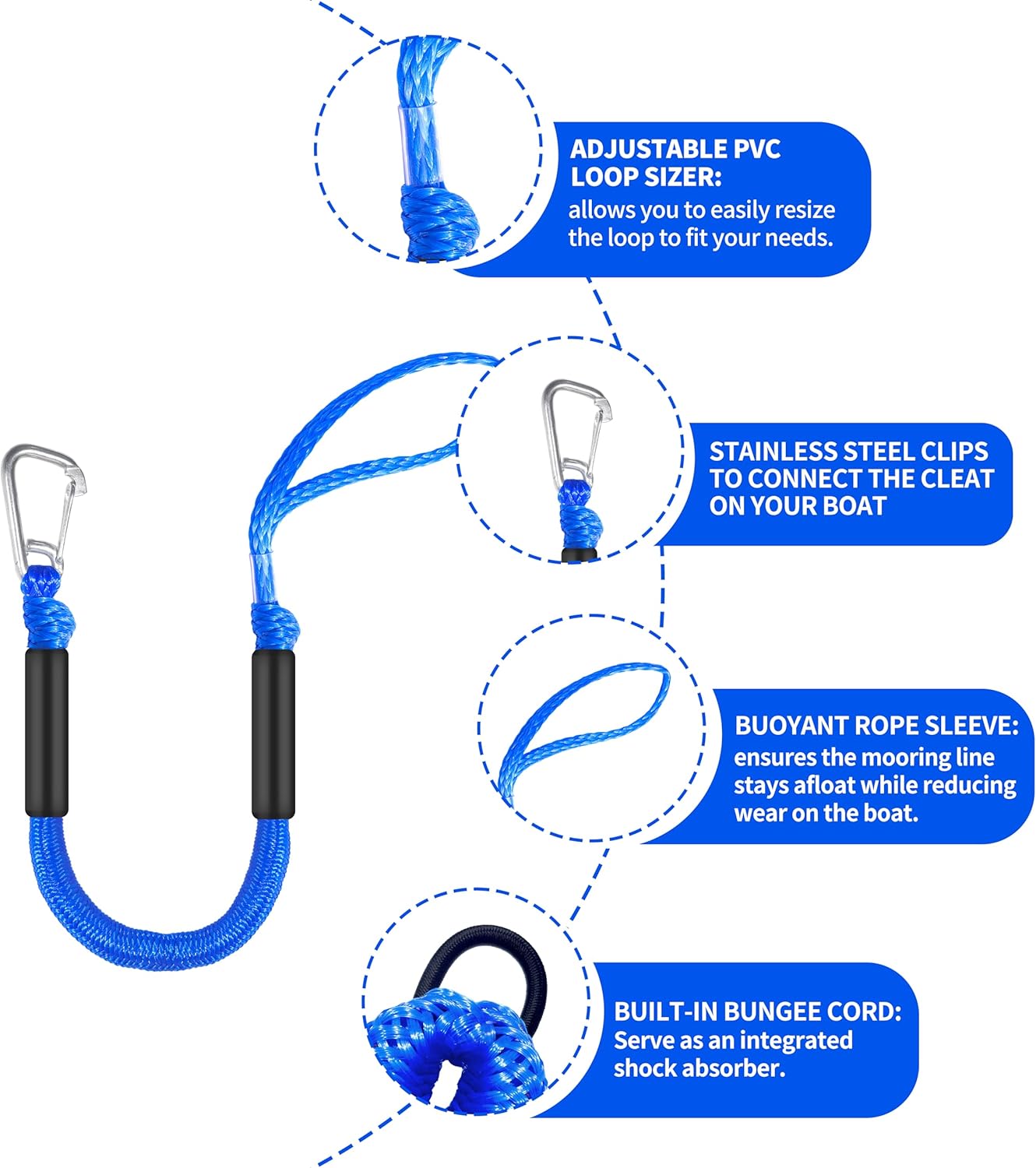 Bungee Dock Line with Stainless Steel Hook - Quick Release Elastic Mooring Rope for PWC, Kayak, Jet Ski | | No Knot Docking | Boat Fender Lines, 2.5 FT Pack of 2 (Stretches to 3.5 ft) (Blue)