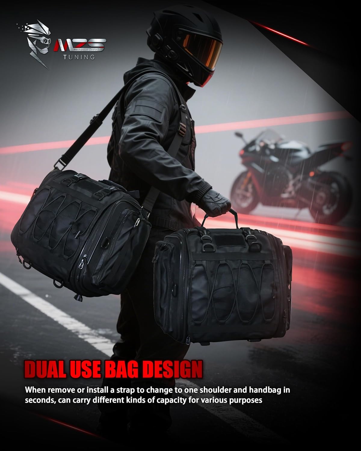 MZS Motorcycle Travel Luggage Bag, 27L Expandable Motorcycle Tail Bag Rack Trunk Saddle Storage, Motorbike Rear Seat Bag With Shoulder Strap Waterproof Rain Cover - Image 5