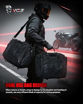 MZS Motorcycle Travel Luggage Bag, 27L Expandable Motorcycle Tail Bag Rack Trunk Saddle Storage, Motorbike Rear Seat Bag With Shoulder Strap Waterproof Rain Cover