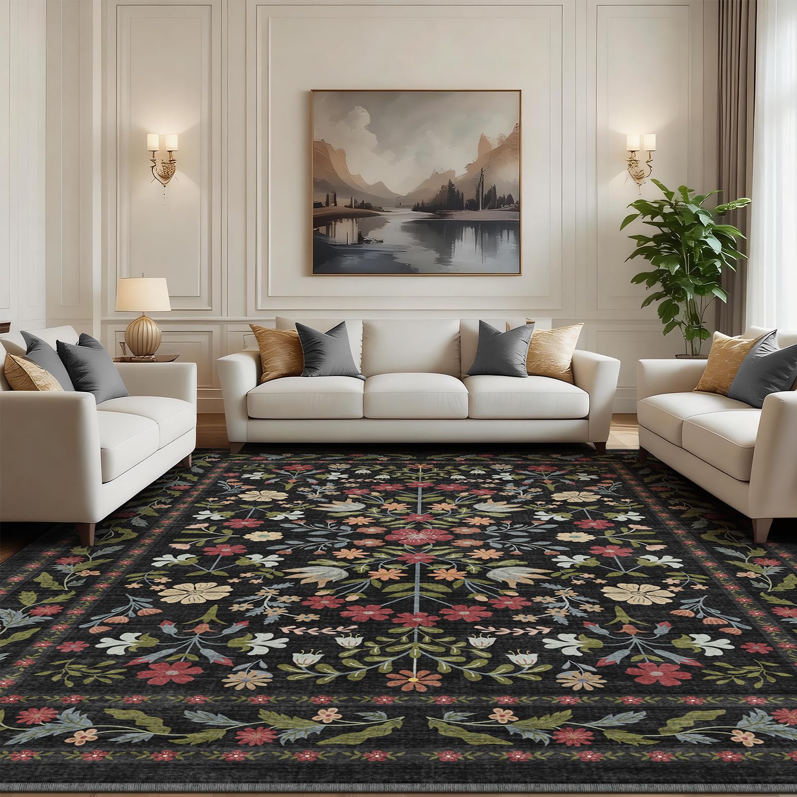 BYBSRLL Rugs Living Room 90x150cm, Vintage Floral Rug, Washable Rug & Non-Slip Low Pile Carpet, Soft Boho Large Rugs, Garden Runner Rug for Bedroom, Kitchen, Entryway, Hallway, Dinning Room, Black — image 1