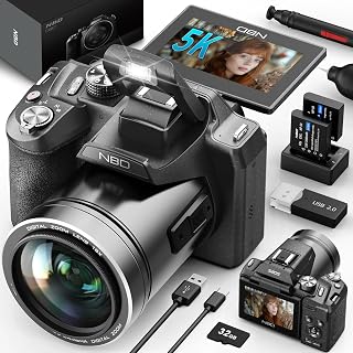 NBDDIGITAL 64MP 5K Digital Camera: 16X Zoom, WiFi, 180° Flip Screen, Autofocus Vlogging Kit w/32GB Card & 2 Batteries (Black)