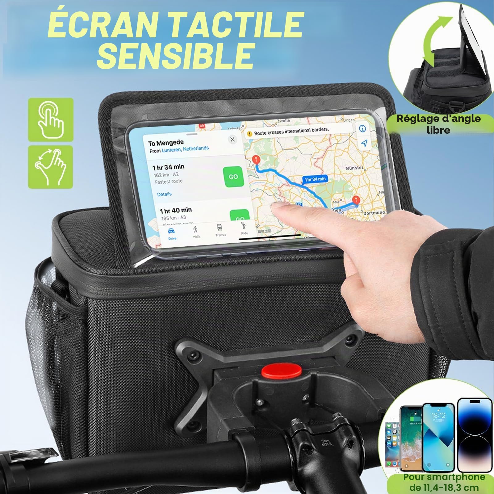 Sacoche de guidon FINEW pour vélo avec adaptateur de guidon pour E-Bike et vélo, panier avant de vélo de 6L, sacoche de guidon étanche avec support pour téléphone portable, écran tactile, bandoulière