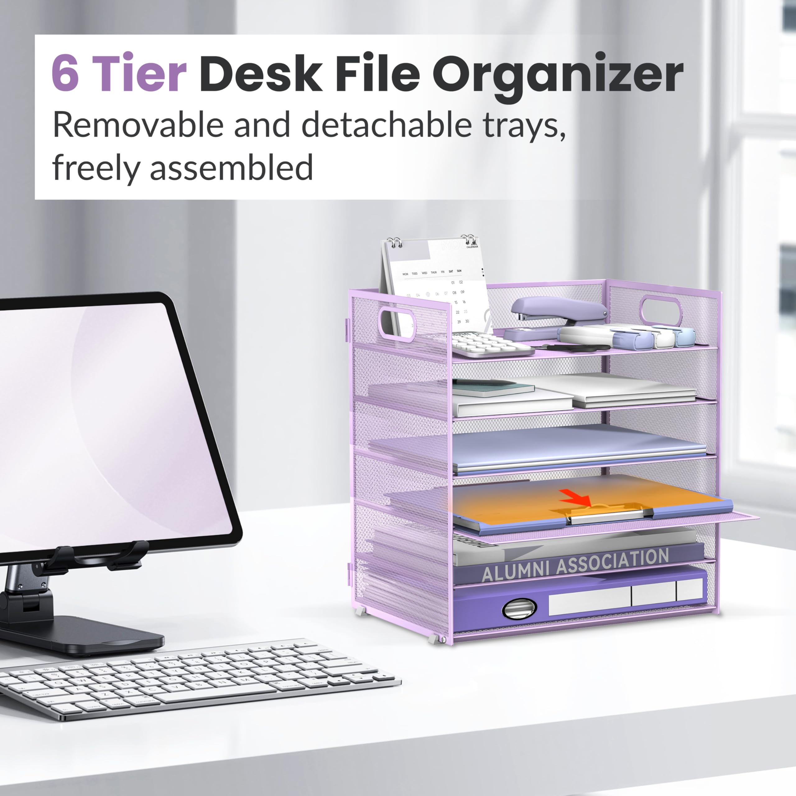 Daltack Organiseur de Papier à 6 Niveaux pour Bureau, bac à courrier en Maille avec poignée pour Bureau, Maison, école, Violet