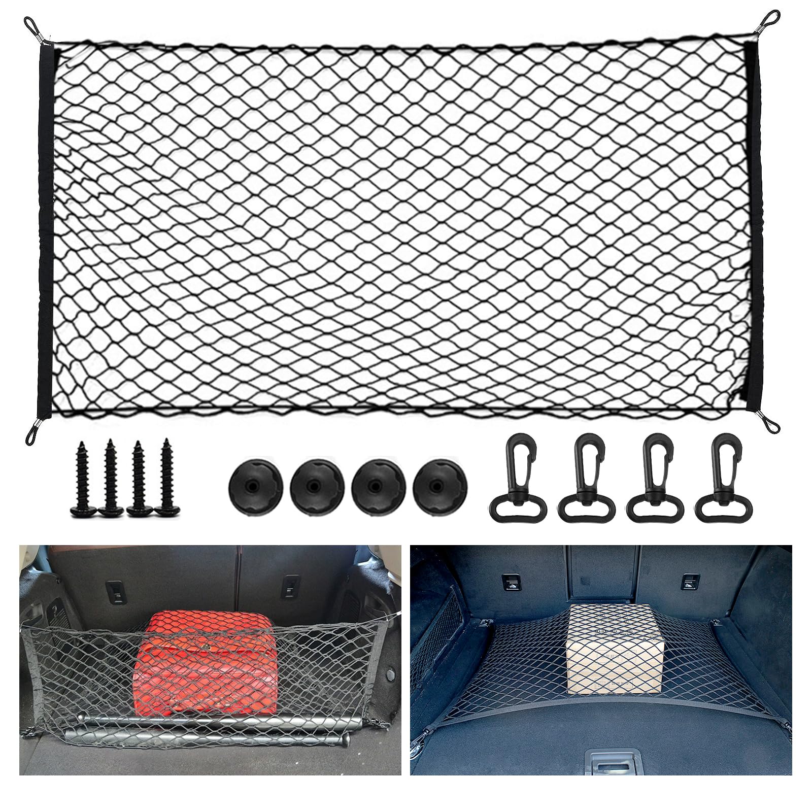 Car Cargo Net, Car Storage Net, Luggage Net, Elastic Nylon Mesh Storage Organize, Elastic Nylon Mesh Storage Organizer, Universal Rear Cargo Net for Car Boot Vehicle Van SUV 60 x 110 cm Black