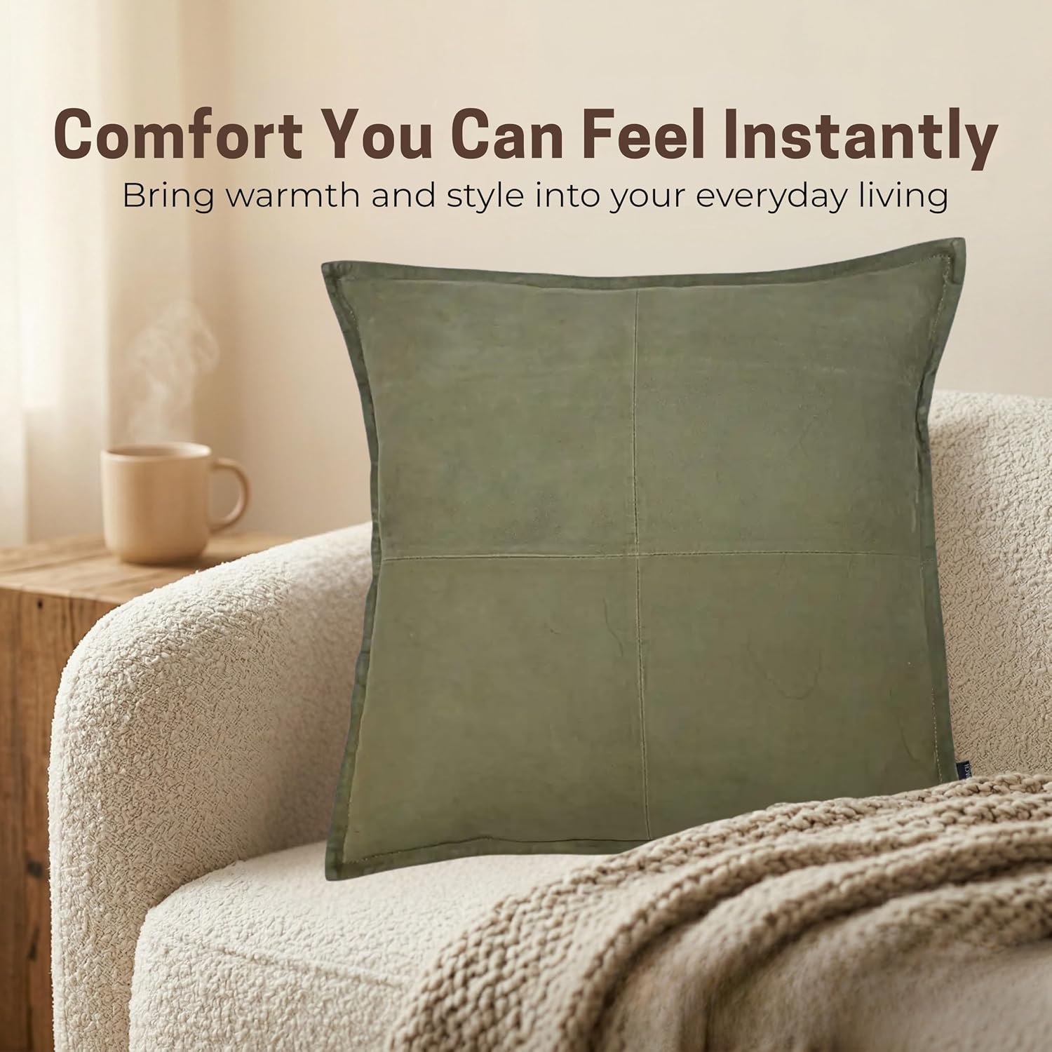Lambskin Leather Suede Pillow Cover - Decorative Sofa Cushion Case - Throw Covers for Living Room & Bedroom, 20" x 20" - Green Suede Box Pack of 2