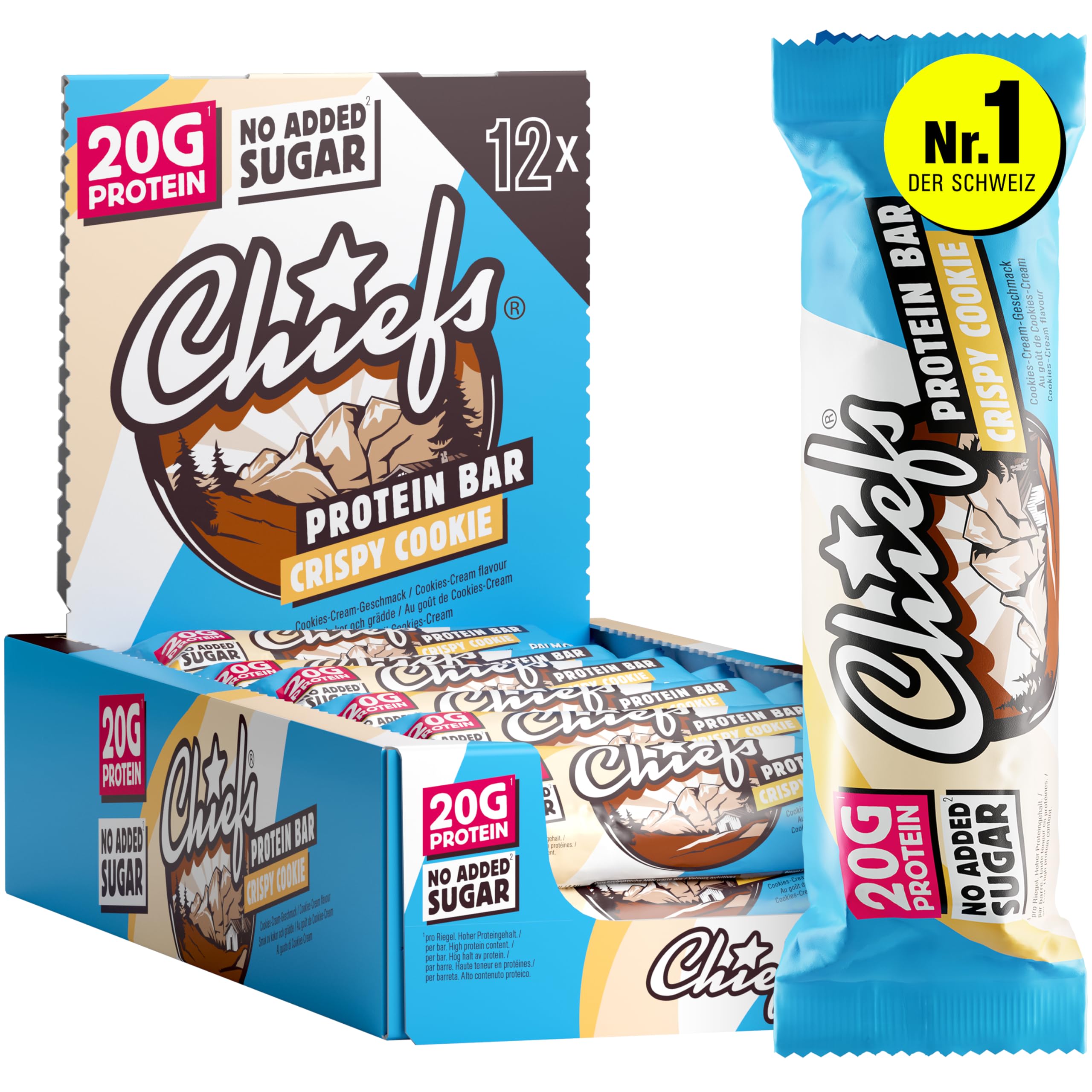 CHIEFS High Protein Riegel - knuspriger Crispy Cookie Geschmack - 12er Box - 20g Protein - perfekte Snacks ohne Zuckerzusatz - Low Sugar - 55g Eiweißriegel ohne Palmöl