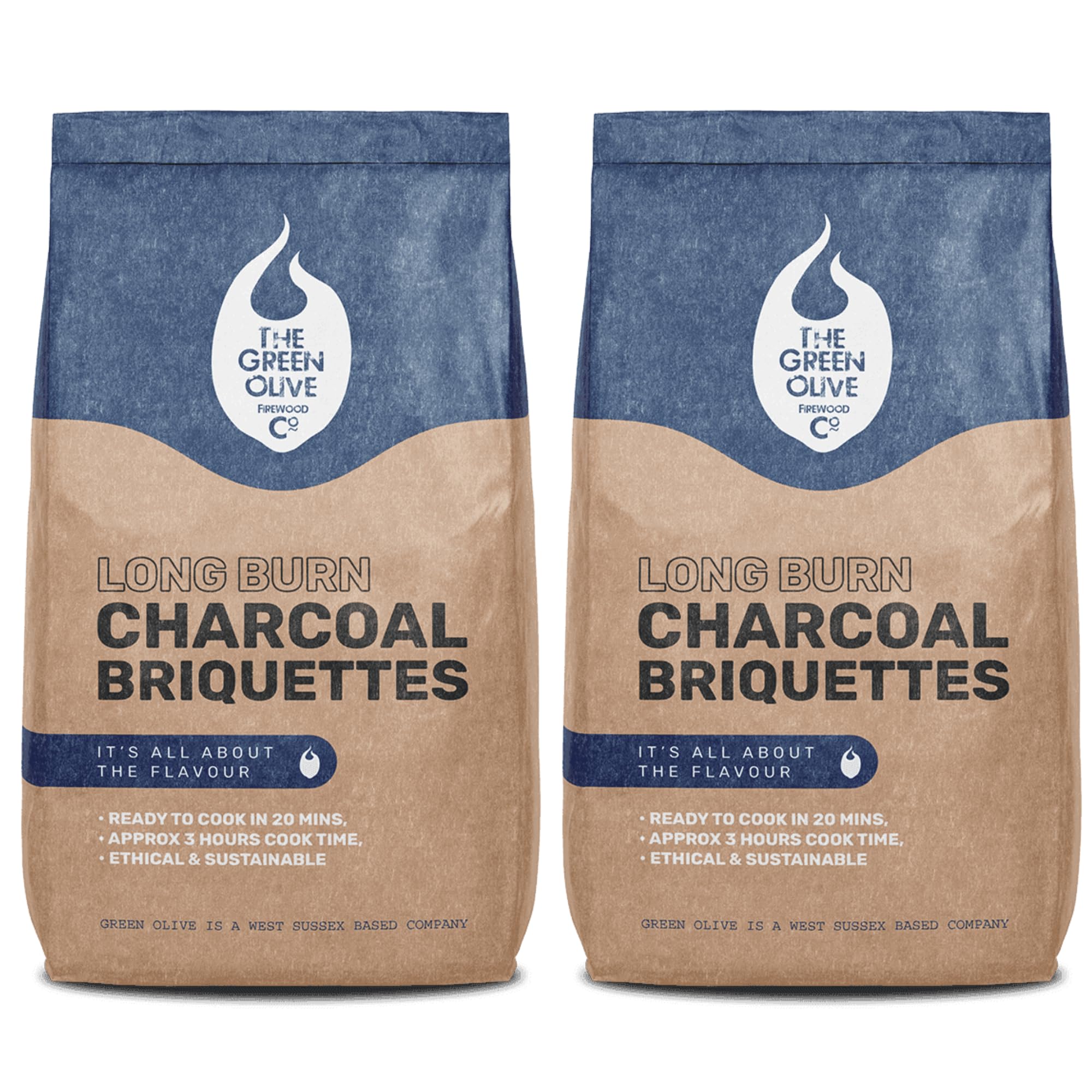 Green Olive Firewood Company - 2 x 4kg Bag - Long Burn BBQ Charcoal Briquettes, Use for Charcoal Barbecues and meat smokers. Natural and Sustainable, Quick Lighting and Long Burn Time