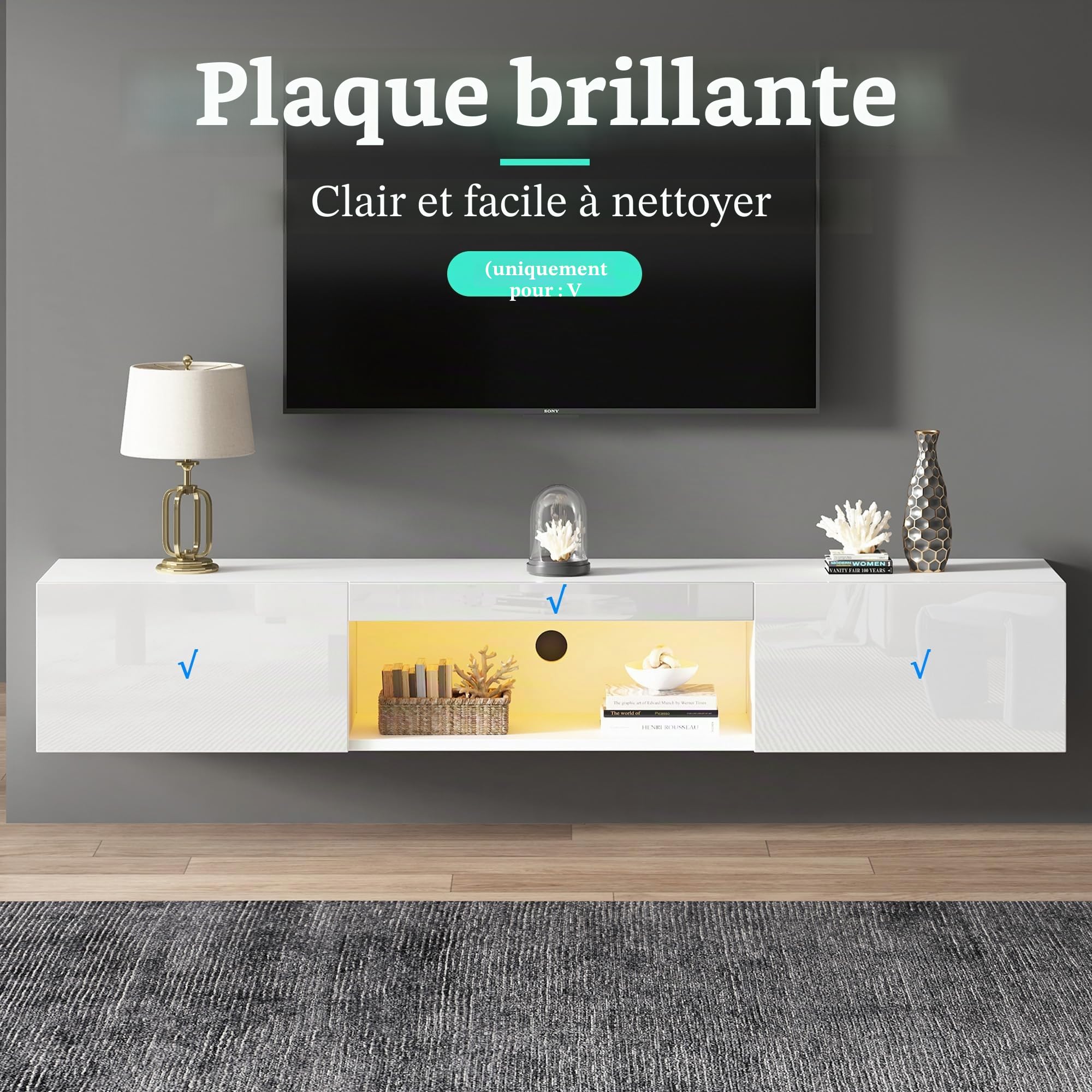 Merax Meuble TV avec éclairage LED, blanc brillant, largeur 160 cm, 2 portes battantes, compartiment ouvert, moderne pour salon, chambre à coucher