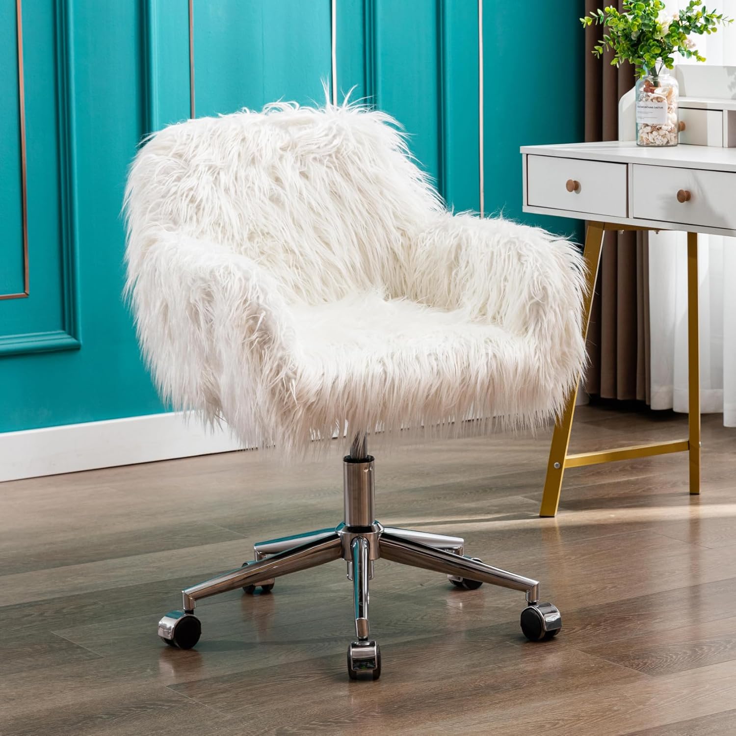 Goujxcy Fluffy Desk Chair, Faux Fur Swivel Home Office