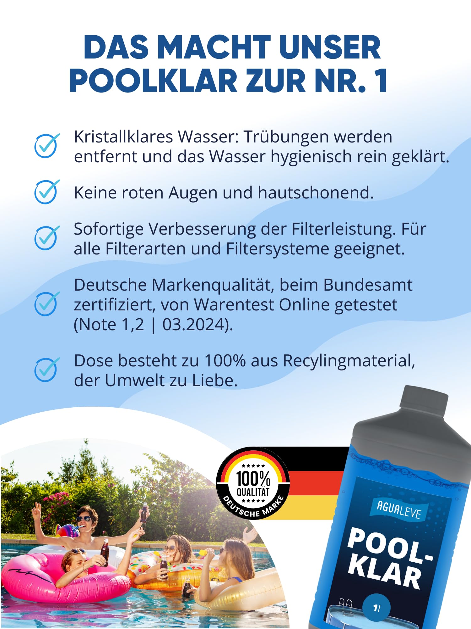 AGUALEVE® Poolklar 1l *NEU* – Kristallklar 2.0 Formel für perfektes Poolwasser – Pools, Whirlpools, Planschbecken – Markenqualität Made in Germany – für 200.000 Poolwasser – mit Note 1,2 getestet