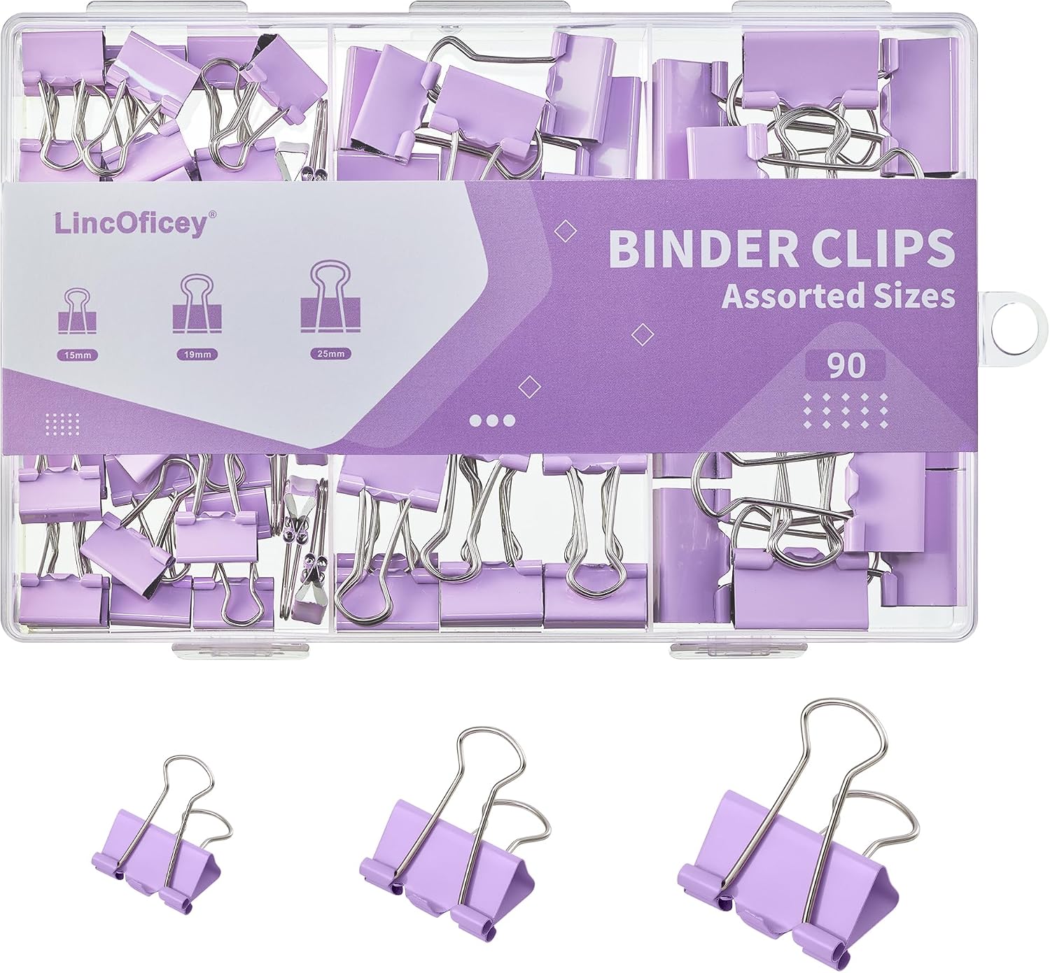 90 Count Binder Clips Assorted Sizes, Paper Binder Clips (0.6inch 0.75inch 1inch), Metal Paper Clamps for Office and Home, Purple