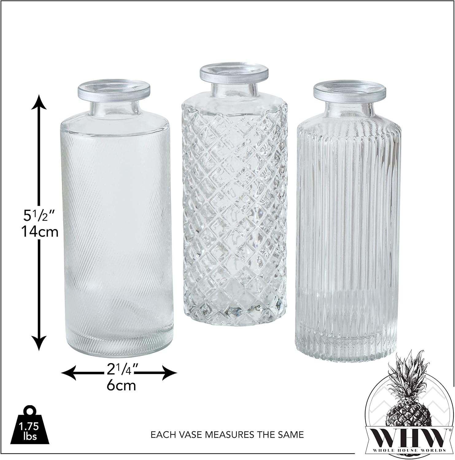 Modernist Home Silver Rimmed Baby Bud Vases, Set of 3, Clear Glass, Fancy Patterns, 5 Inches Tall