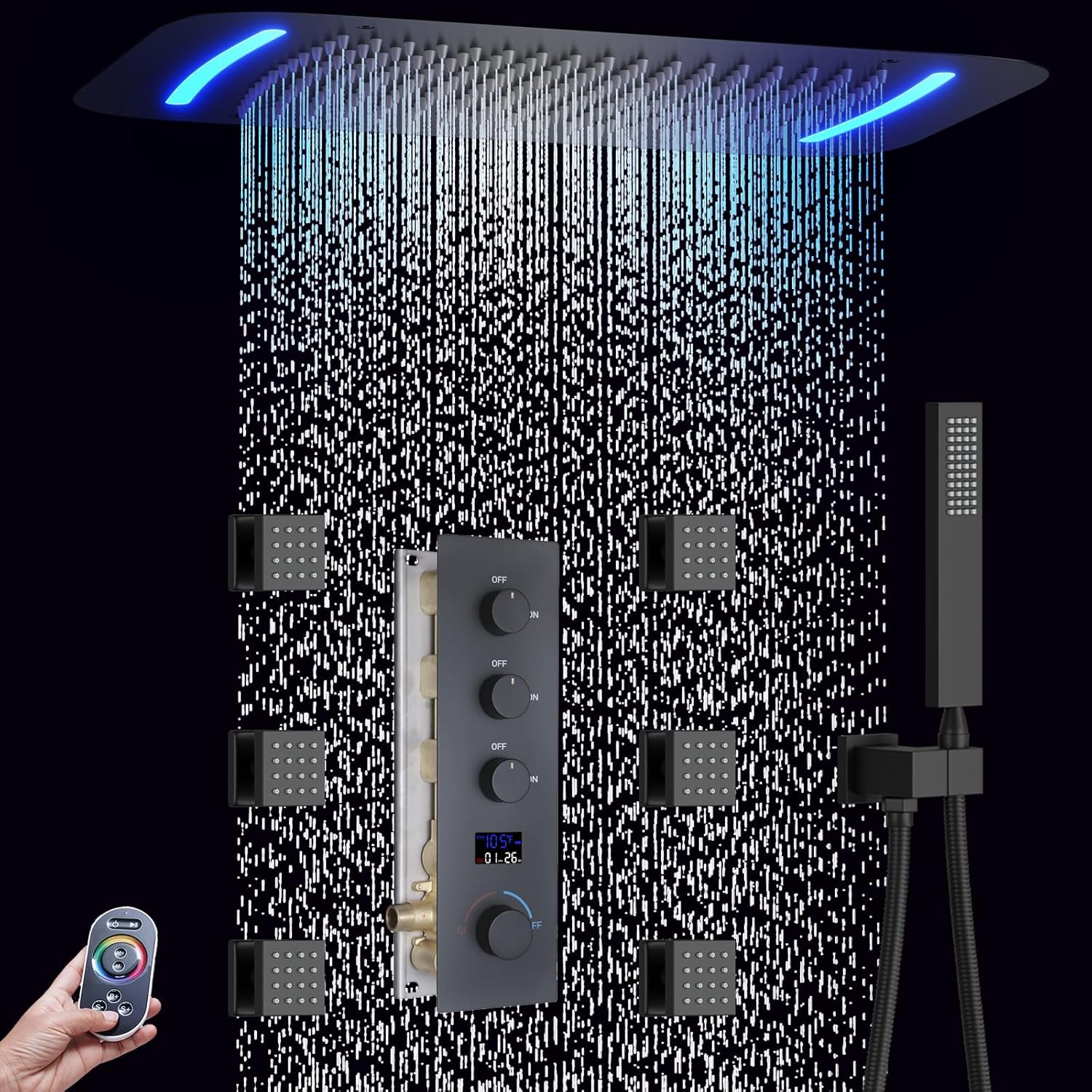 Matte Black Shower System Digital Display Full Body Shower System with 16 x 26 Inch Ceiling Rain LED Shower Head, Handheld Shower and 6 PCS Body Jets