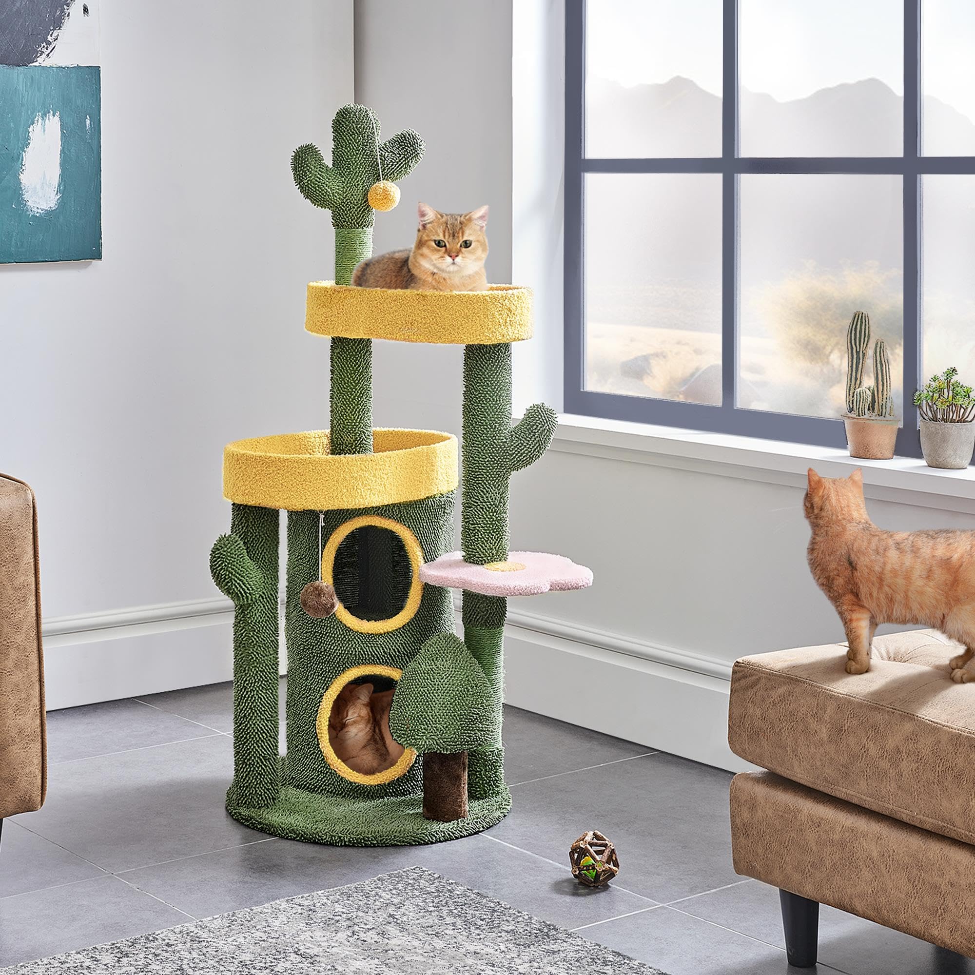 Abician Arbre à Chat Cactus en Tissu Moppy Tour pour Chat Cachette Perchoirs Poteaux avec Griffoirs en Sisal Jouets 123 cm
