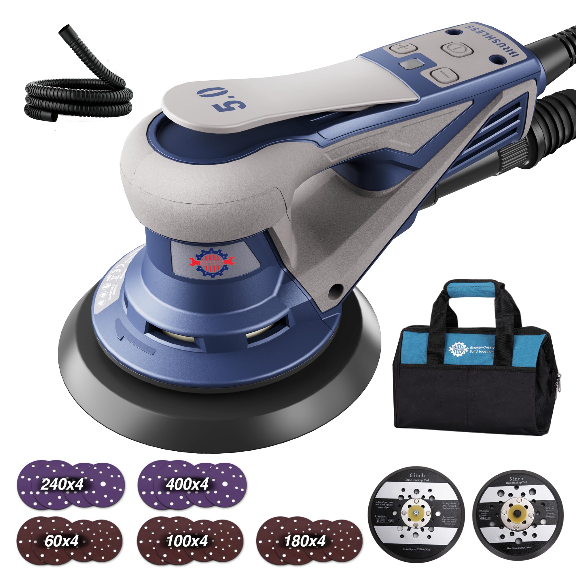 HeroJet Brushless Random Orbital Sander with 150mm/125mm Plates, 5.0mm 350W Electric Orbital Sander with 20 Sanding Papers, 7 Variable Speeds to 10000RPM, Sanders for Wood with a Tool Bag