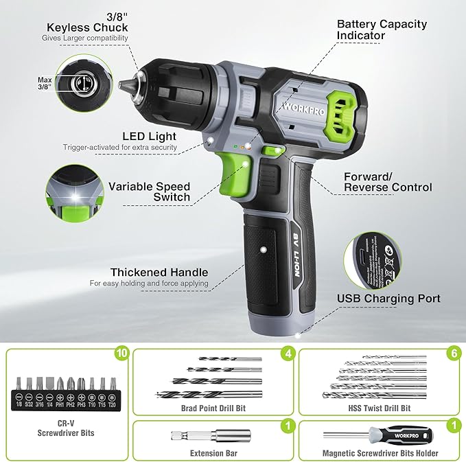 WORKPRO 43PCS Taladro Atornillador Inalámbrico 8V Litio - Rosa y Verde miniatura 6