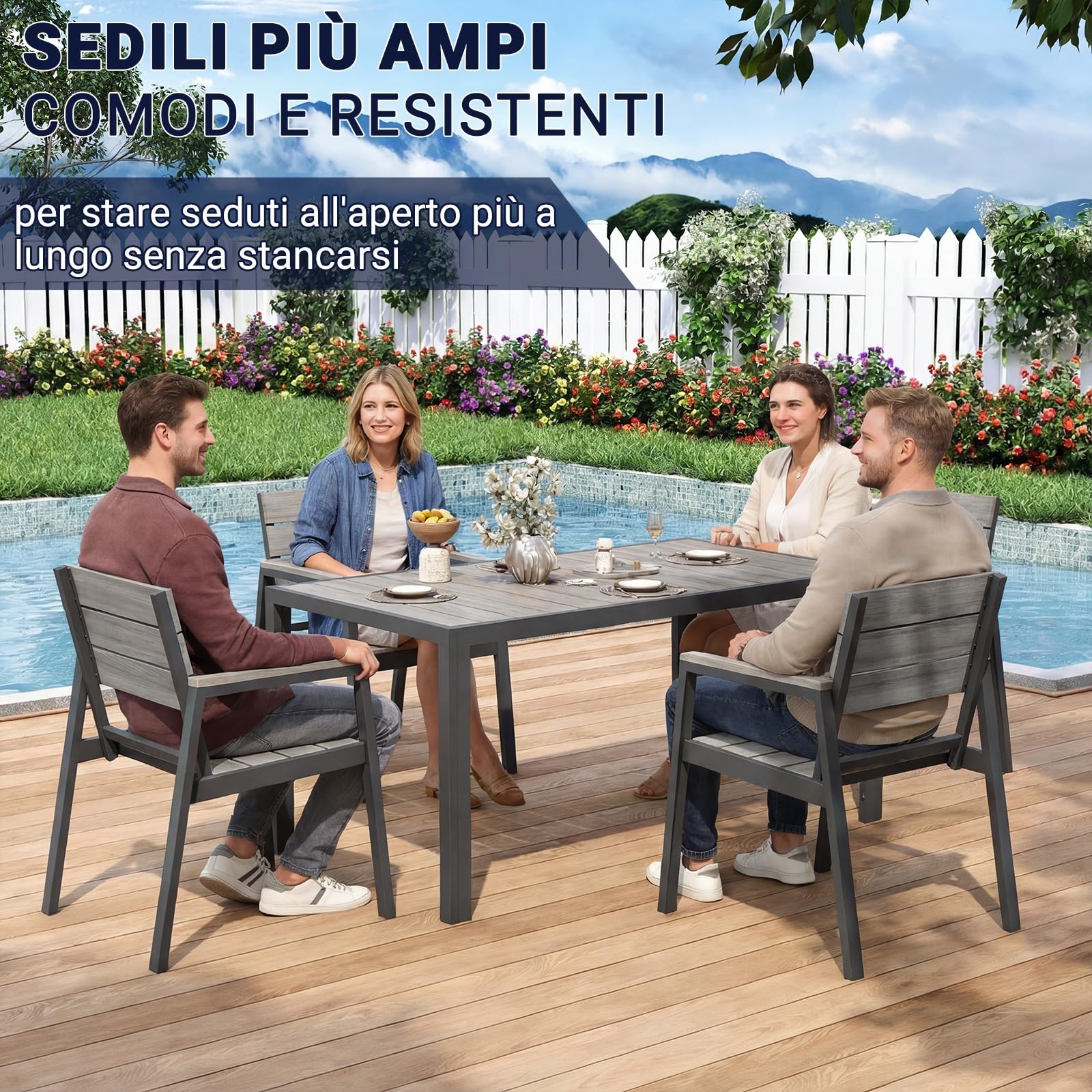 Devoko Sedie da Giardino Set di 2, Sedie da Esterno Alluminio Resistenti e Impermeabili con Finitura a Vena di Legno, Seduta di Dimensione Maggiorata che Supporta 160 kg, Facili da Pulire, Grigio