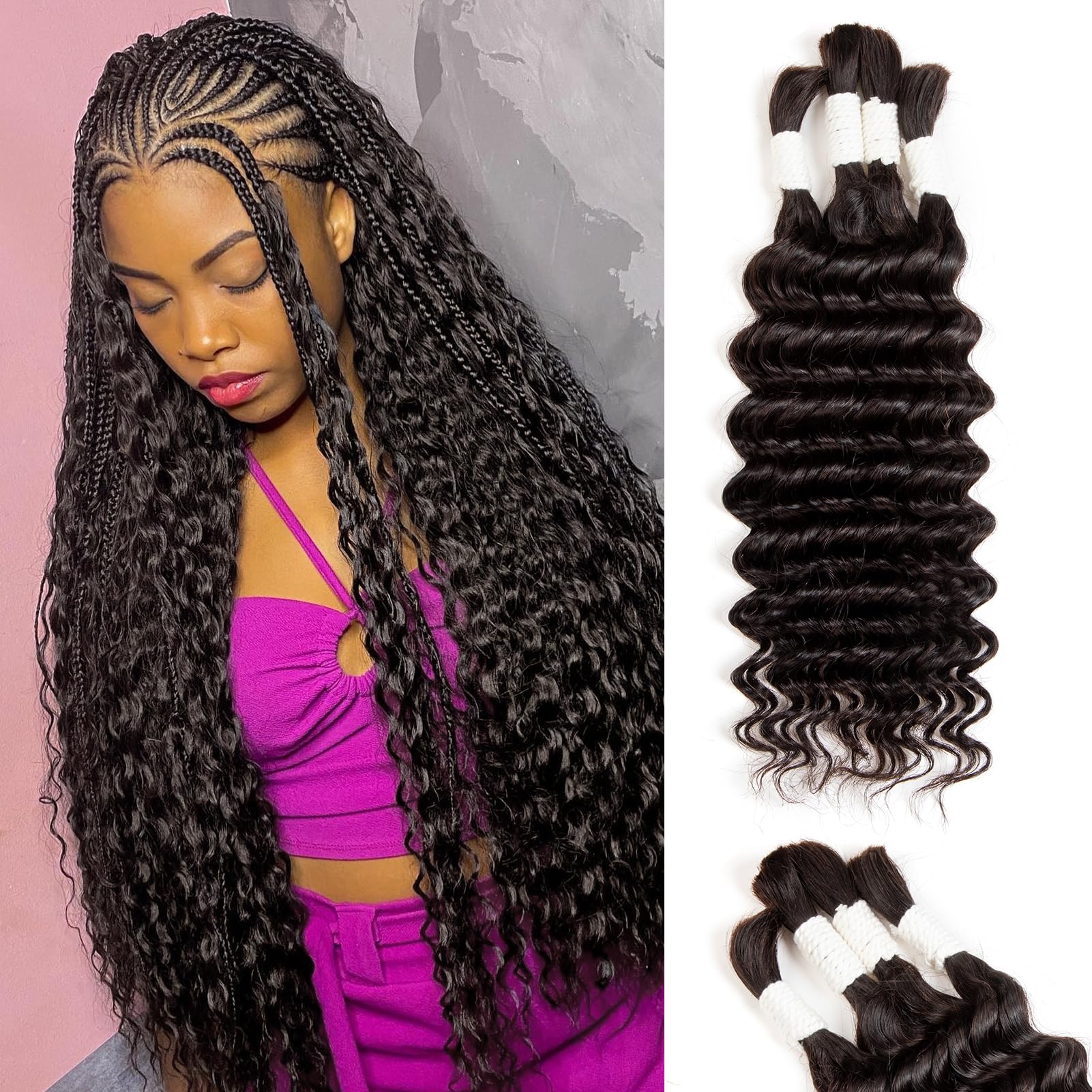 Hair Braiding Human Hair Deep Water Wave 4 Bundles/Pack 100g 18 Inch, Bulk Human Hair Braiding Hair for Boho Braids Natural Color