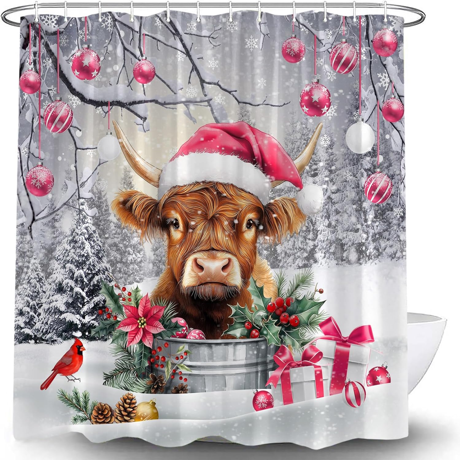 Christmas Highland Cow Shower Curtain Pink Xmas Ball Farmhouse Animal Cattle Rustic Forest Snowy Pine Tree Snowflake Winter Holiday Fabric Bathroom Decor Curtain with Hooks,70x83.8 Inch