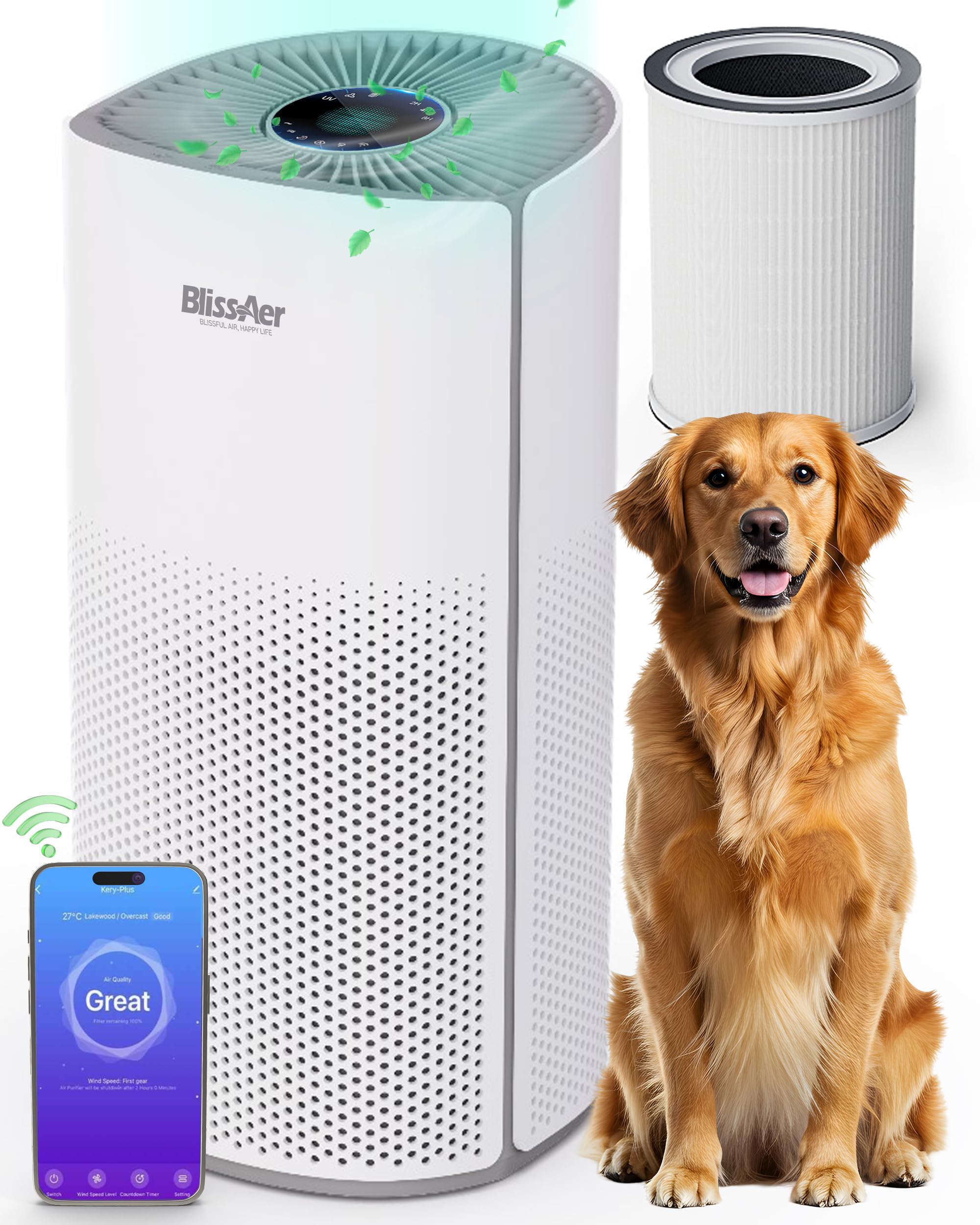 Air Purifiers for Home Pets Large Room Up to 1500 Ft² - Smart WiFi & Voice Control True HEPA Air Purifier For Home Bedroom Smoke, Dust, Pet Dander, Pollen, Sleep Mode - Kery Plus