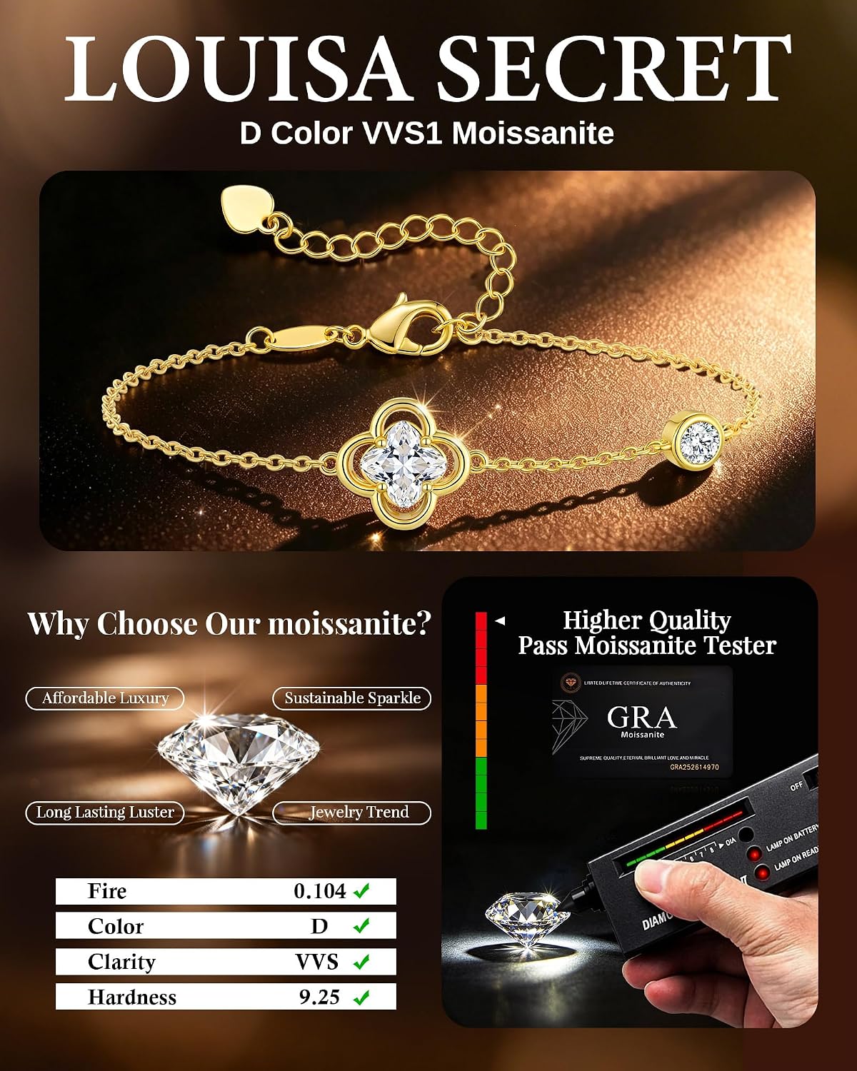 18K Gold Plated Four Leaf Clover Bracelets with Moissanite Charm Waterproof | Suitable for Daily Wear,Hypoallergenic Adjustable 7''+2'' Chain Gifts for Girlfriend Mom Daughter Her with Gift Box