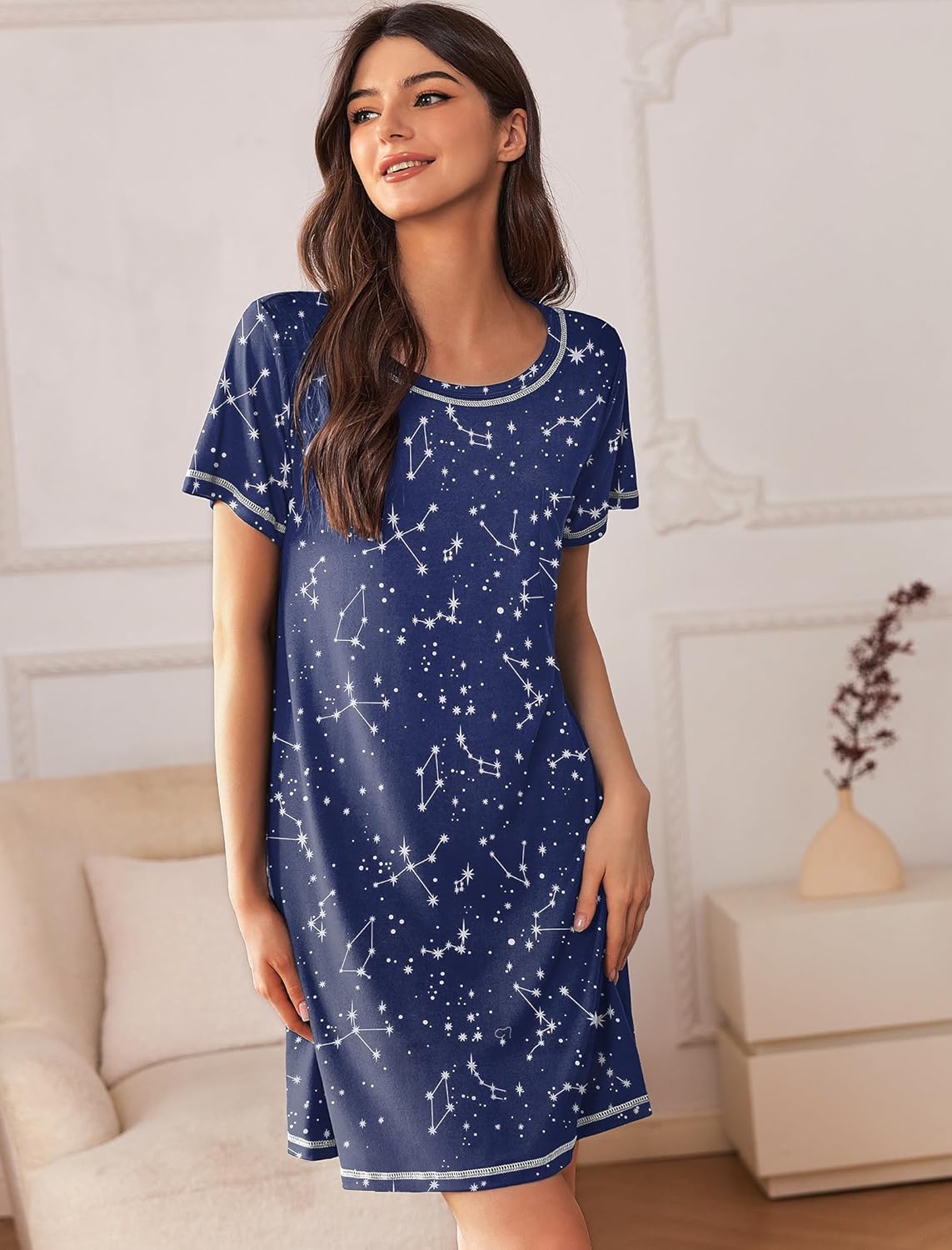 Ekouaer Nightgowns for Women 2 Pack Night Gowns Short Sleeve Sleepshirts Pullover Nightshirts Soft Sleepwear S-XXXL - Image 2