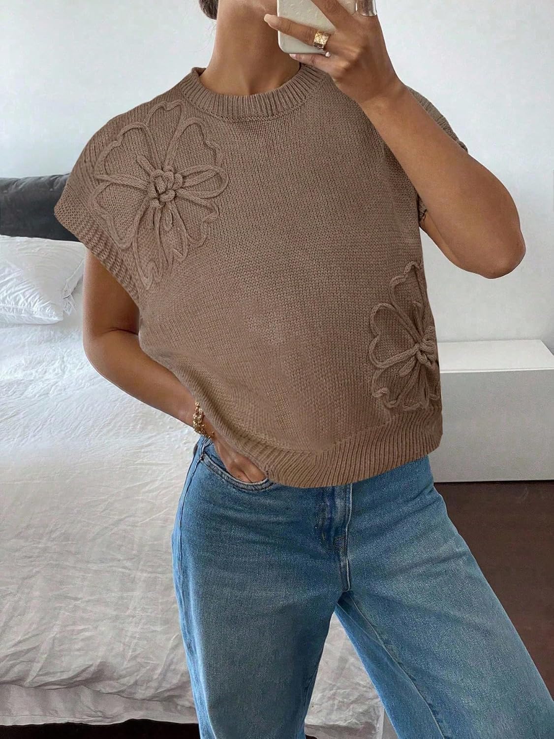 SOLY HUX Women's Short Sleeve Sweater 3D Floral Sweaters Pullover Tank Tops Knit Vest Trendy Fashion Clothing Khaki Small - Image 4