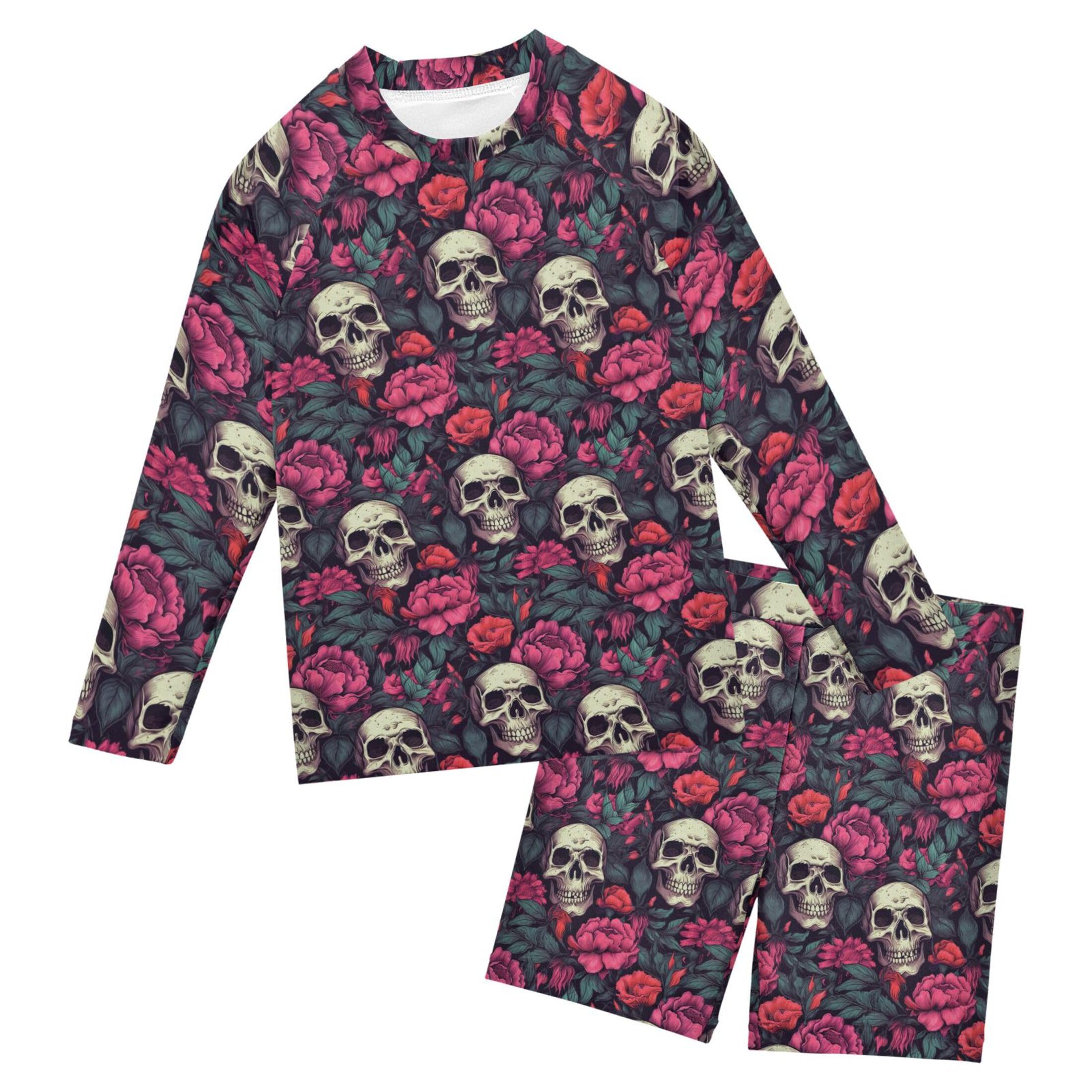 Sugar Skull Skeleton Gothic Flowers Baby Boys' Toddler Long Sleeved Rashguard Swim Bathing Suit Set B0402991