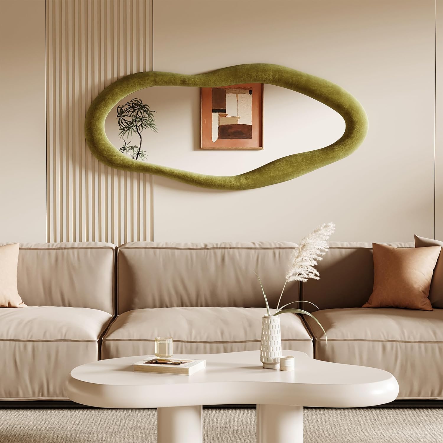 Honyee 55" x 24" Wavy Mirror, Flannel Wrapped Wooden Frame, Irregular Hanging for Cloakroom/Bedroom/Living Room, Green
