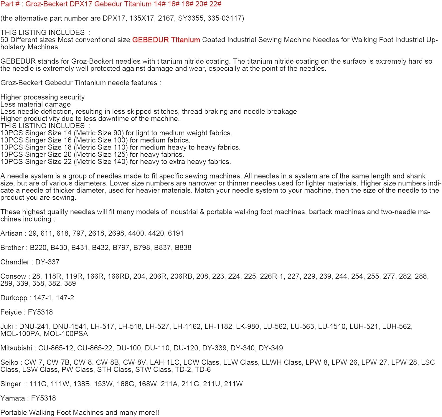 GROZ-BECKERT Needle in CKPSMS Clear Plastic Box - 50 Groz-Beckert DPX17 SY3355 Gebedur Titanium for Industrial Walking Foot Machine Needles - Image 6