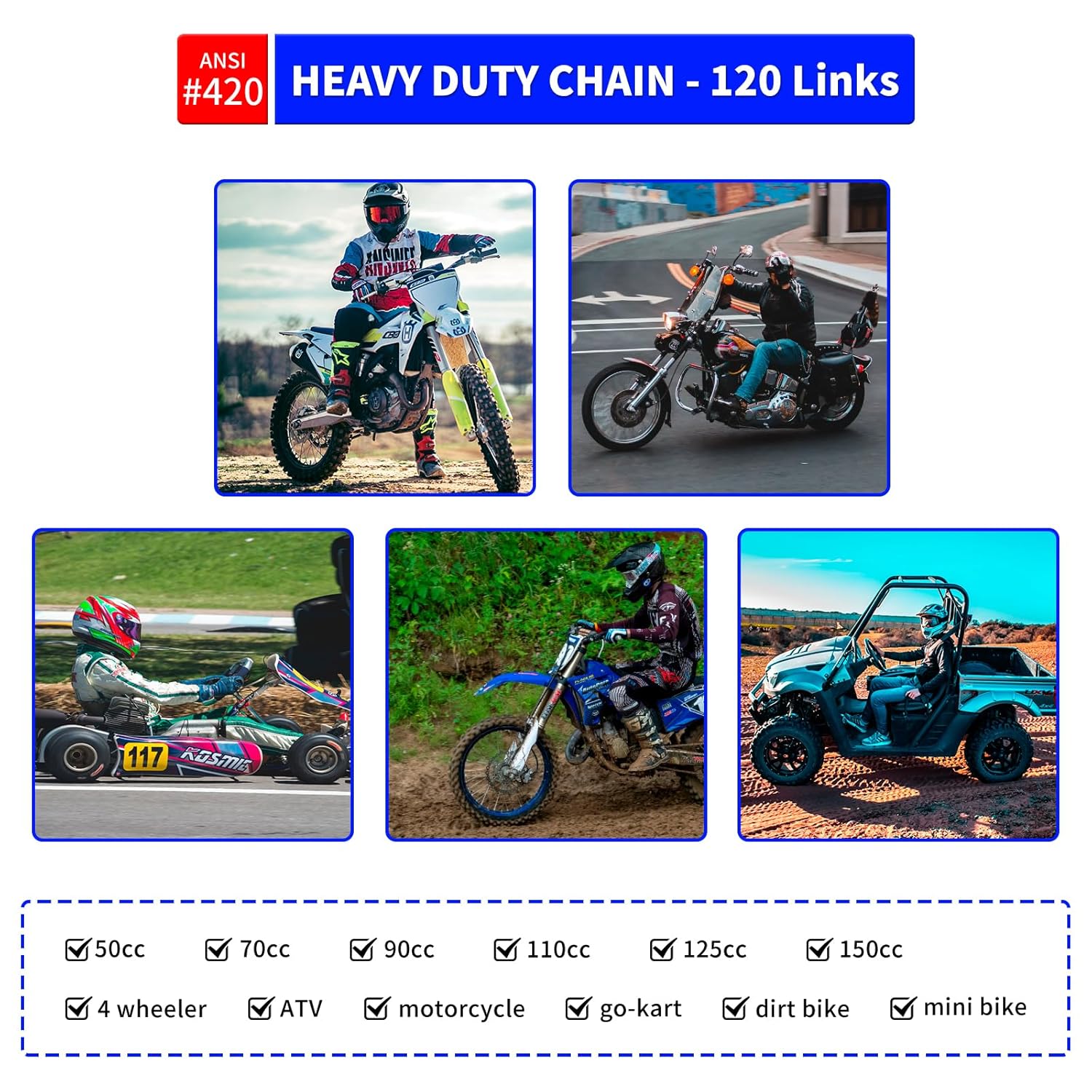 Belleone 420 Roller Chain 120 Links with 5 Free Connecting Links and Chain Breaker, Drive Chain Compatible with 50cc 70cc 90cc, for Mini Bike, Go-Kart, Scooter, Motorcycle, ATV and Other Machinery - Image 6