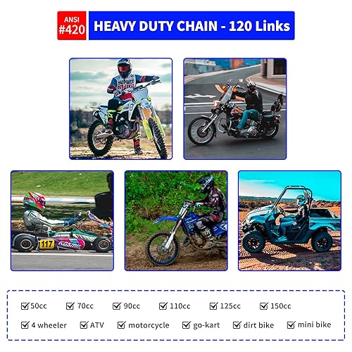 Vista 16 de Belleone Cadena de motocicleta 420 – 420 cadenas de rodillos estándar 132 eslabones + rompedores de cadena, se adapta a 50, 70, 90, 110 cc, 125 cc