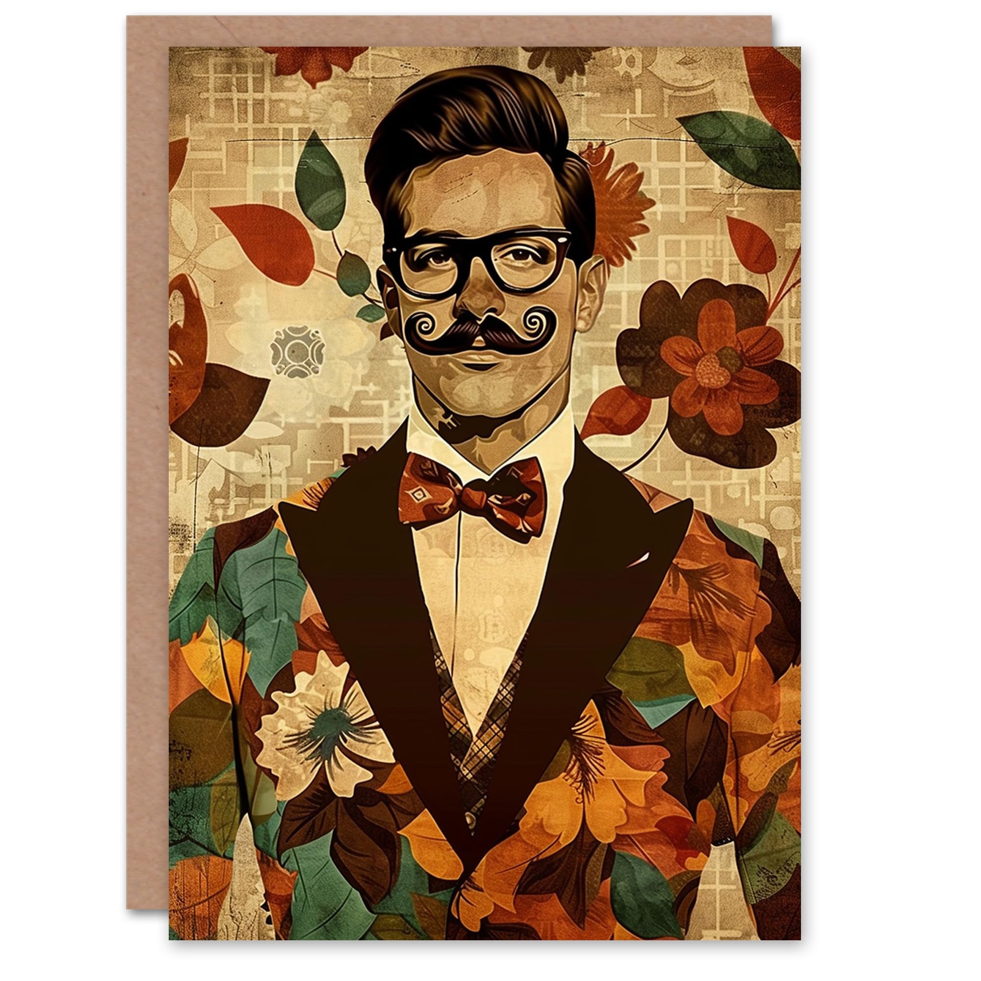 Artery8 Birthday Card Dapper Man Floral Suit Handlebar Moustache For Him Man Male Dad Brother Son Papa Grandad Greeting Card