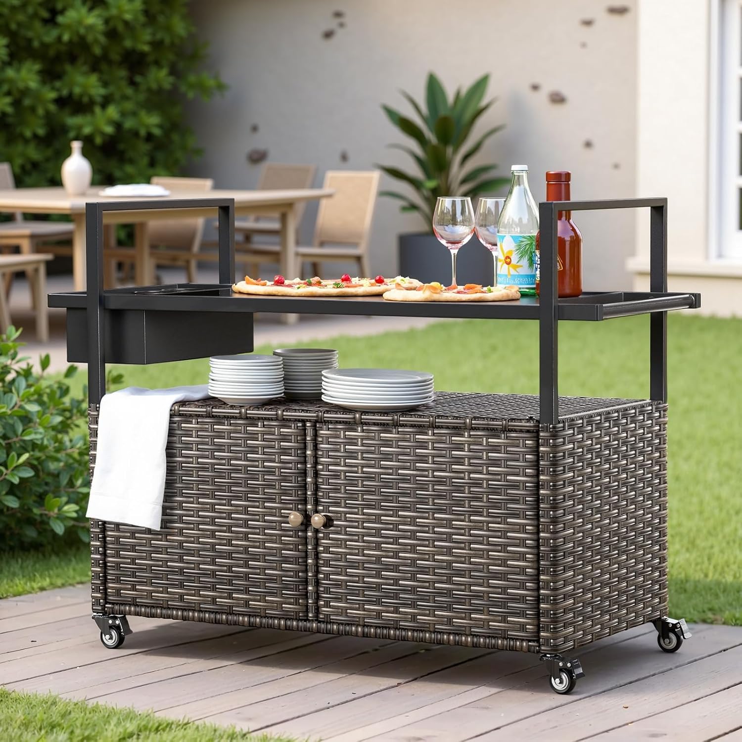 Belord Wicker Outdoor Bar Cart with Storage Cabinet and Four Rolling Wheels Patio Bar Table, Outdoor Buffet Cabinet Movable with Removable Side Basket for Deck Poolside Backyard Gray