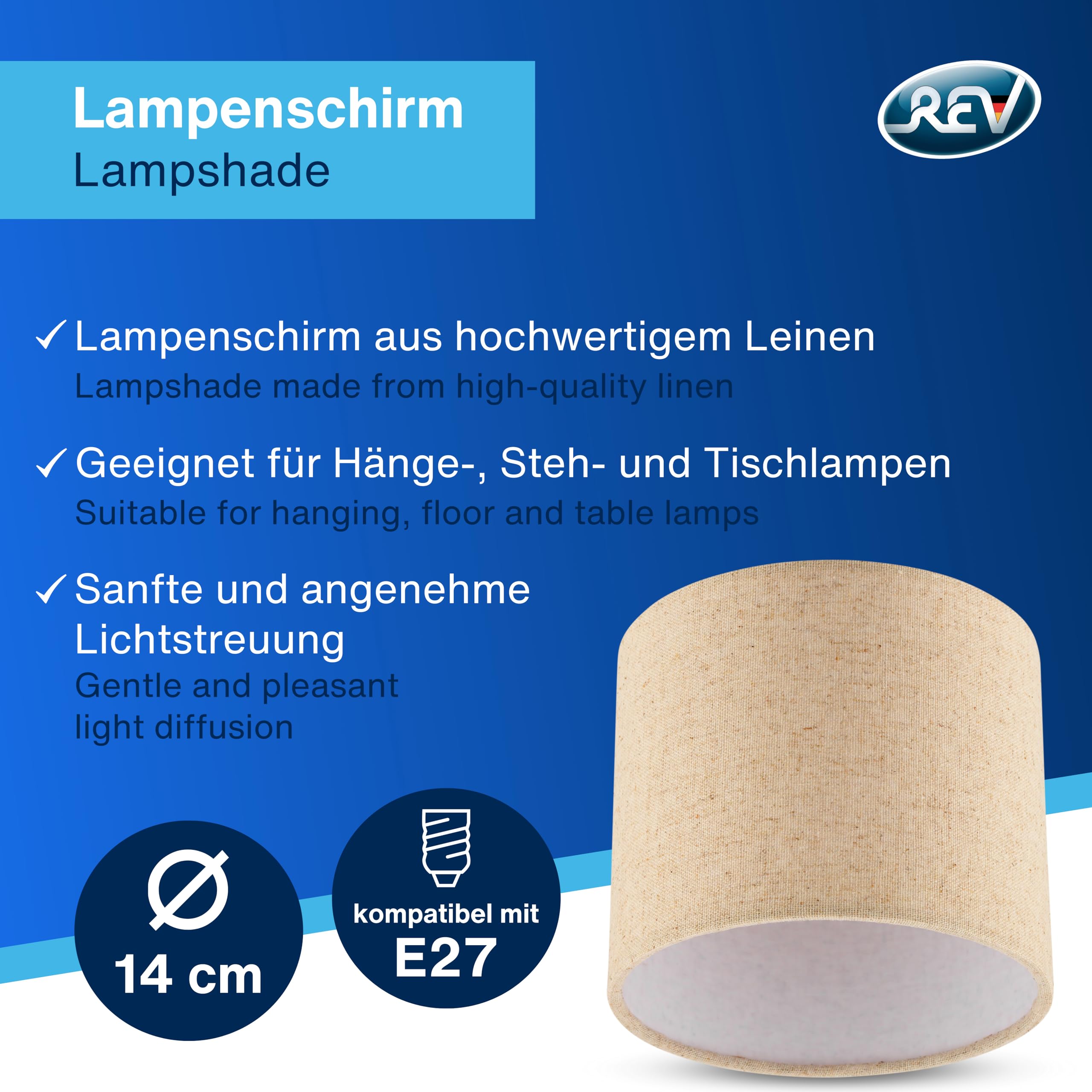 REV Paralume rotondo dal look moderno, lino di alta qualità, diametro 14 cm, paralume di ricambio per lampada a sospensione e lampada da tavolo, attacco E27, tortora