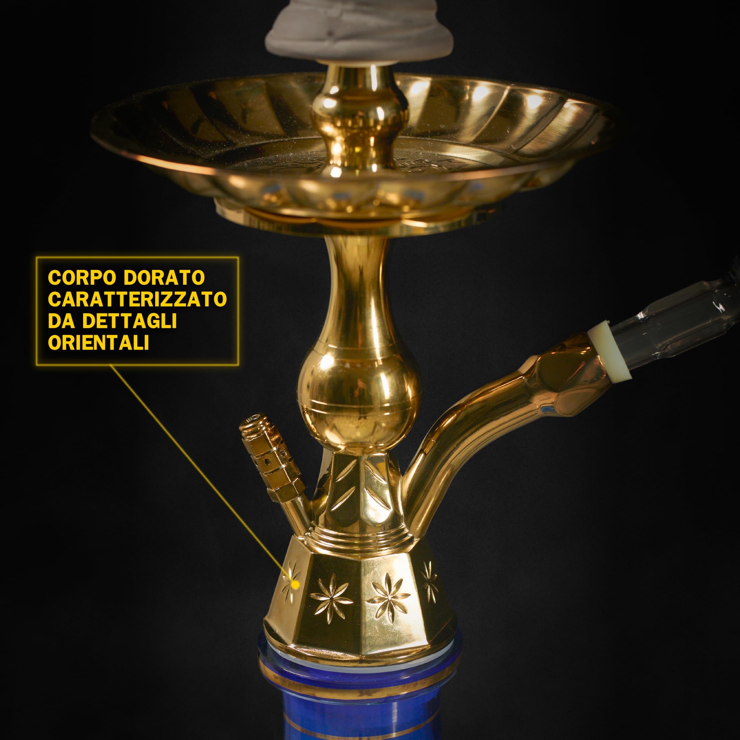 Dark Shisha Cachimba Luna Azul 44,5 cm + 50 Boquillas Higiénicas | Set Completo con Manguera Tradicional, Cazoleta de Piedra, Chimenea, Pinza y Juntas