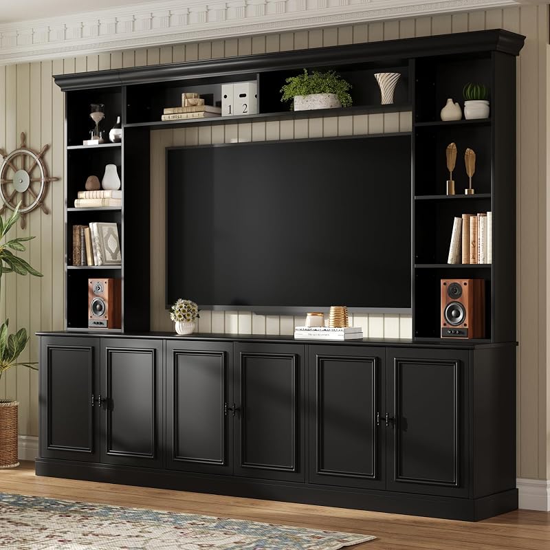 Merax 97.4" W Wall Unit Entertainment Center, TV Stand for TVs Up to 70", Mid-Century Media Console with Bookshelf & Adjustable Shelves, Black