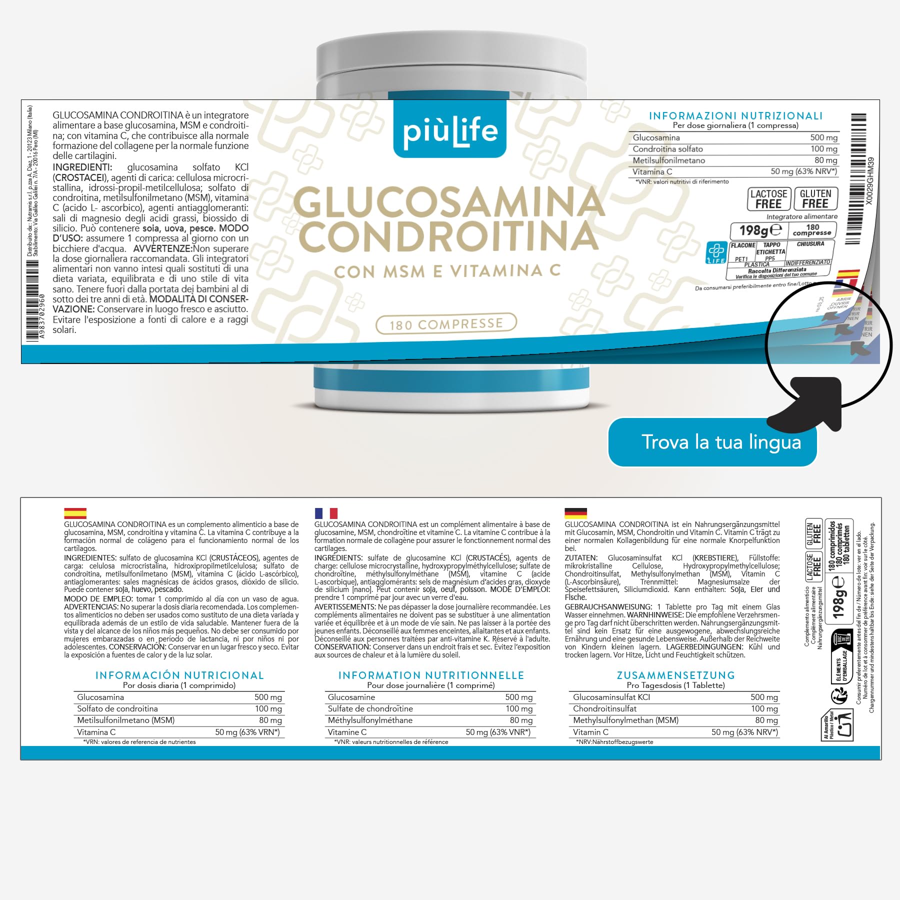 Glucosamina Condroitina Msm 730mg per Compressa PiùLife, Integratore Articolazioni e Cartilagine ginocchio, Complex Condroitina Glucosamina Alto Dosaggio con Vitamina C per il Collagene