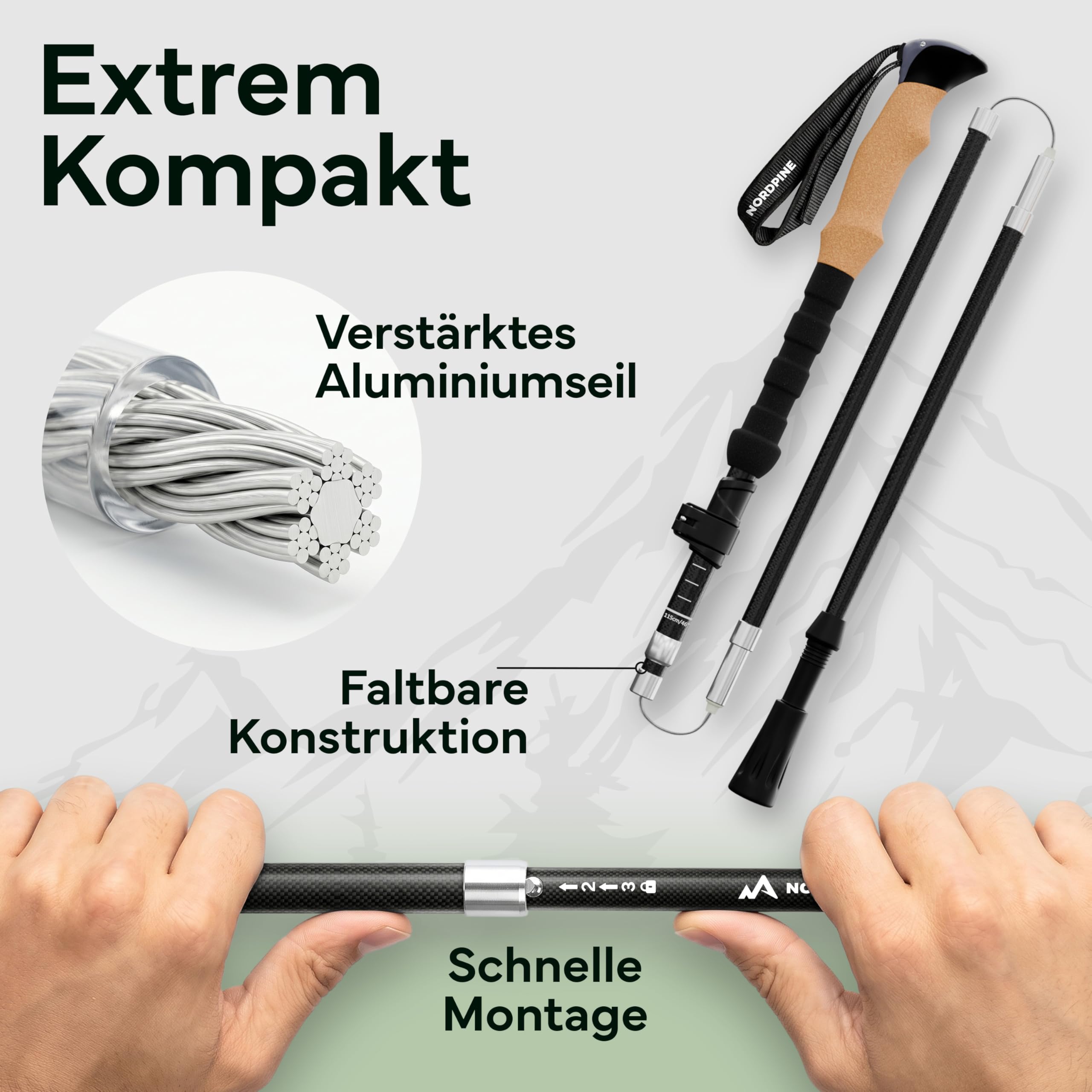 Wanderstöcke faltbar - Carbon & Aluminium für Damen & Herren - Ultraleichte Trekkingstöcke mit Korkgriff & Wolframspitze - Nordic Walking Stöcke mit Gummipuffer - Trekkingstöcke faltbar