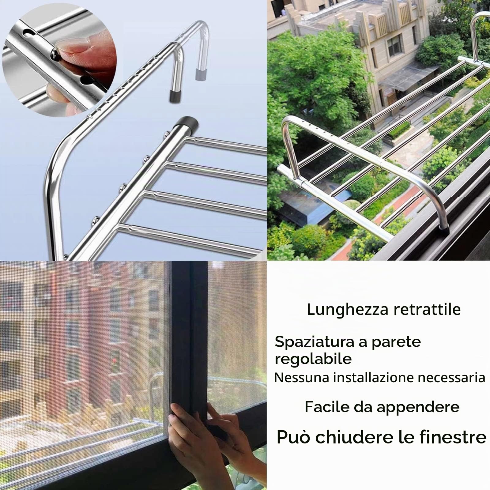 Stendibiancheria da Telescopico, Stendibiancheria in Acciaio Inox Stendino da Parete Facile da Piegare, per Balcone E Terrazza, Spazio di Estensione Stendibiancheria da Termosifone