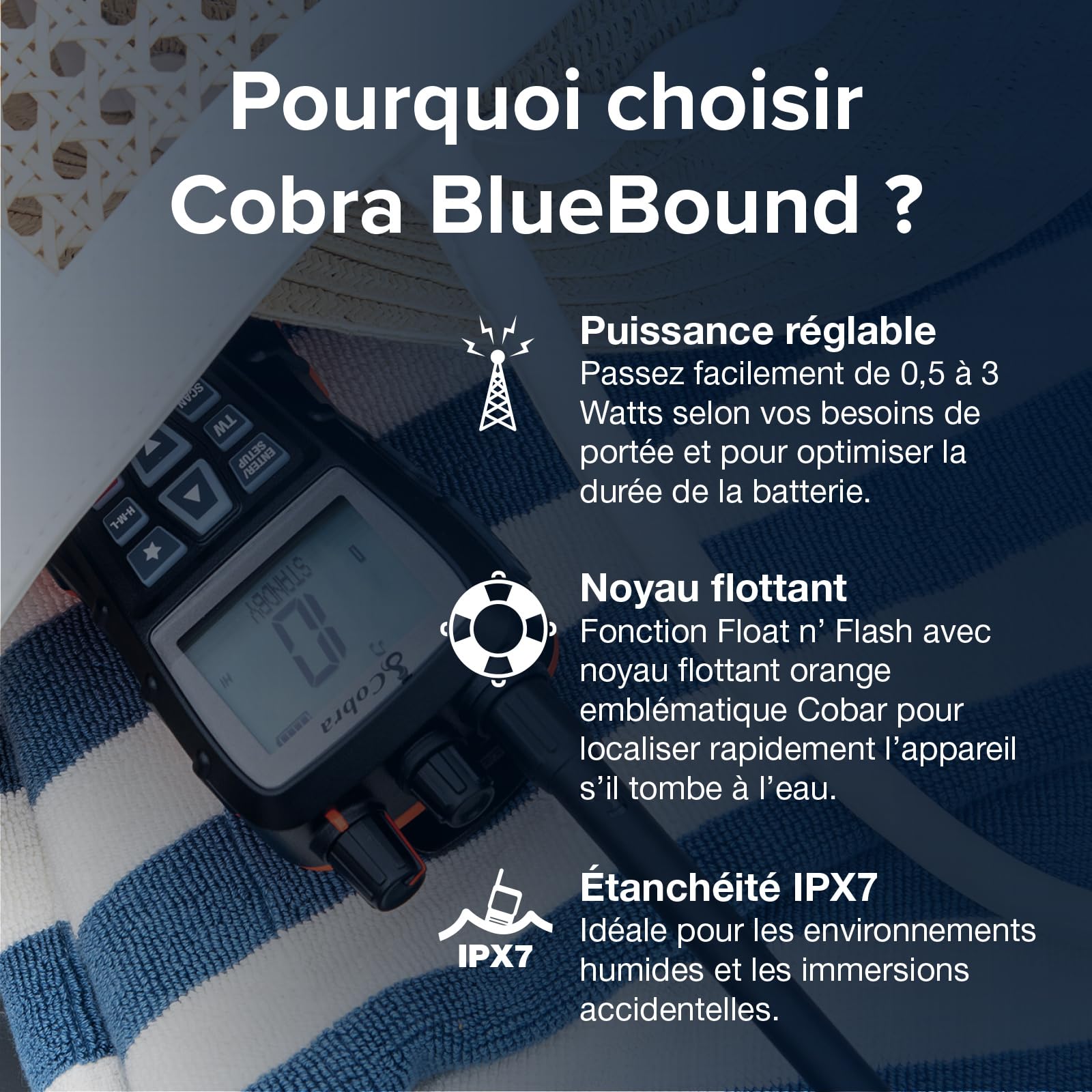 Cobra BlueBound 350 Radio VHF Marine Portable – 6 Watt, Flottant, Float n' Flash, IPX7, Submersible, Écran LCD Jour/Nuit, Tri-Watch, Noir, 1 Pièce