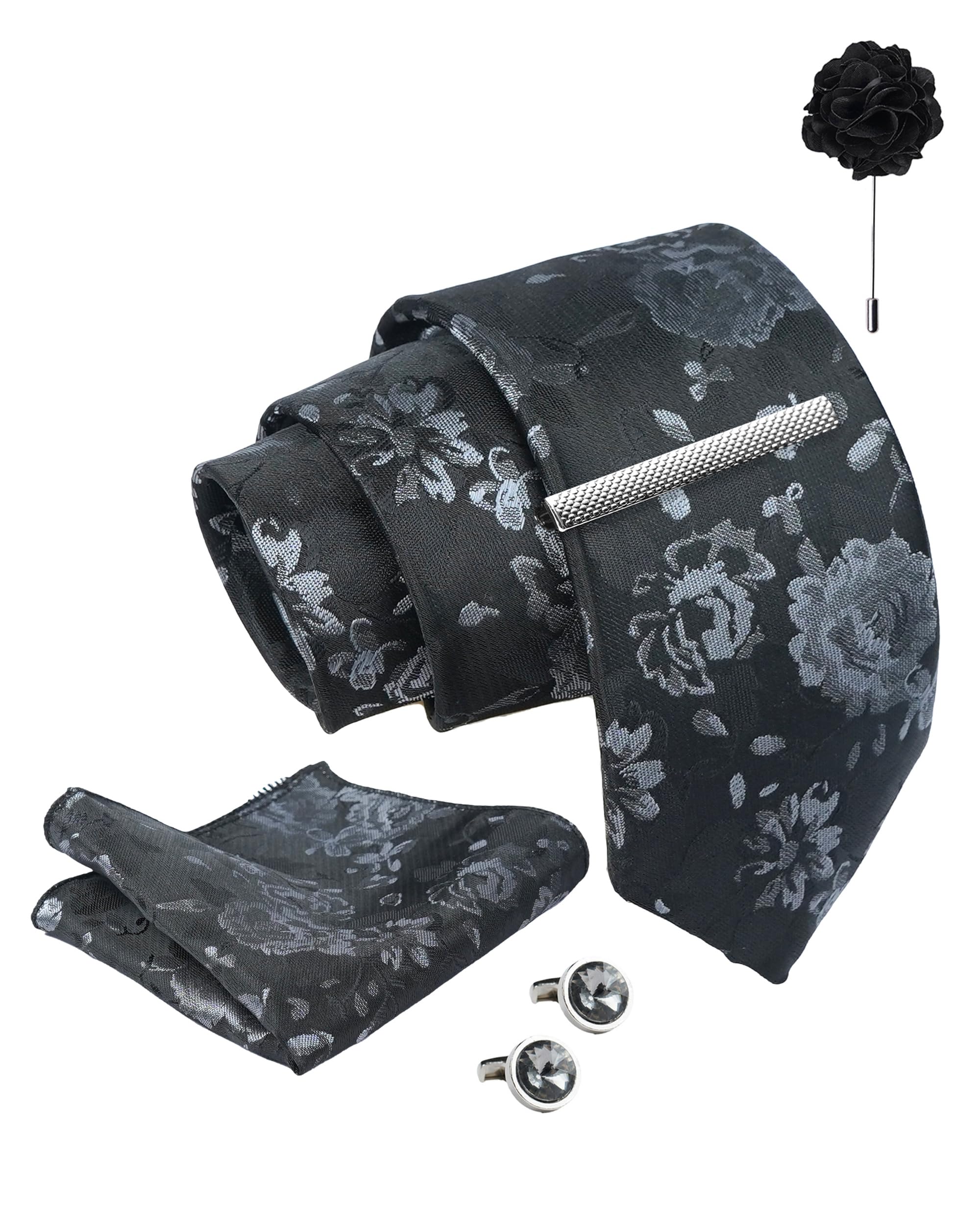 Tie for Men – Self Silk Neck Ties Set with Cufflinks Flower Pin, Pocket Square & Black Gift Box, Combo Necktie Sets for Office Wear, Formal Suits & Weddings (Classic Black, NXWDS_214)-image-25