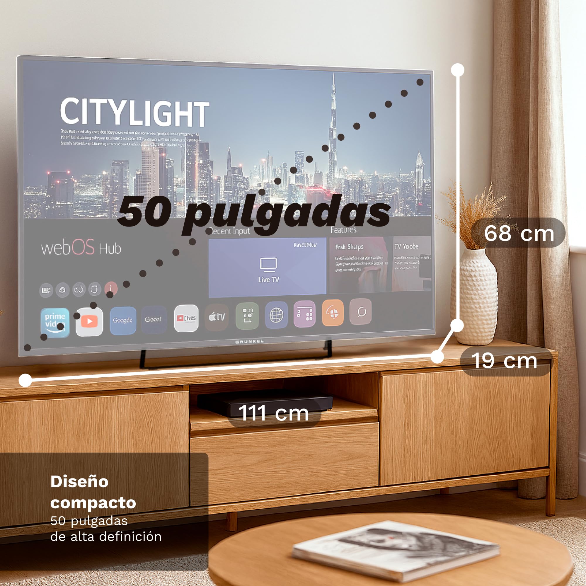 Grunkel QLED-5026WBS Smart TV QLED 50” 4K UHD | webOS | TDT T3 + Satélite S3 | WiFi | USB Grabador PVR | 4 HDMI | 3 USB | Sonido 20W