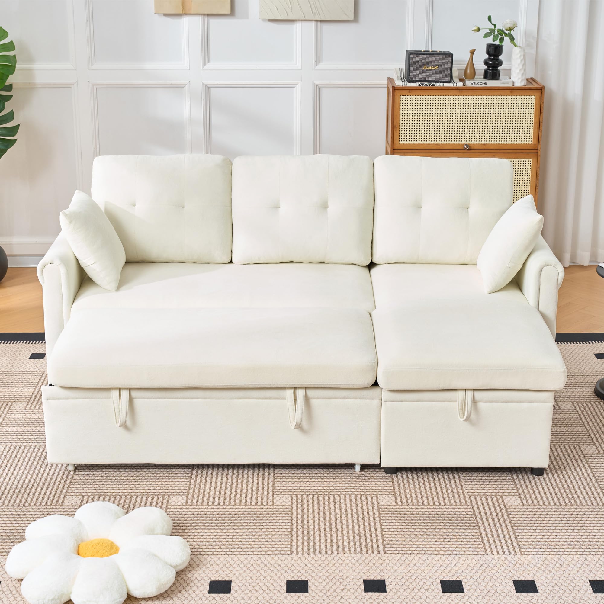 Sofa narożna z funkcją spania i skrzynią na pościel, szenilowa beżowa, 206 x 130 x 85 cm
