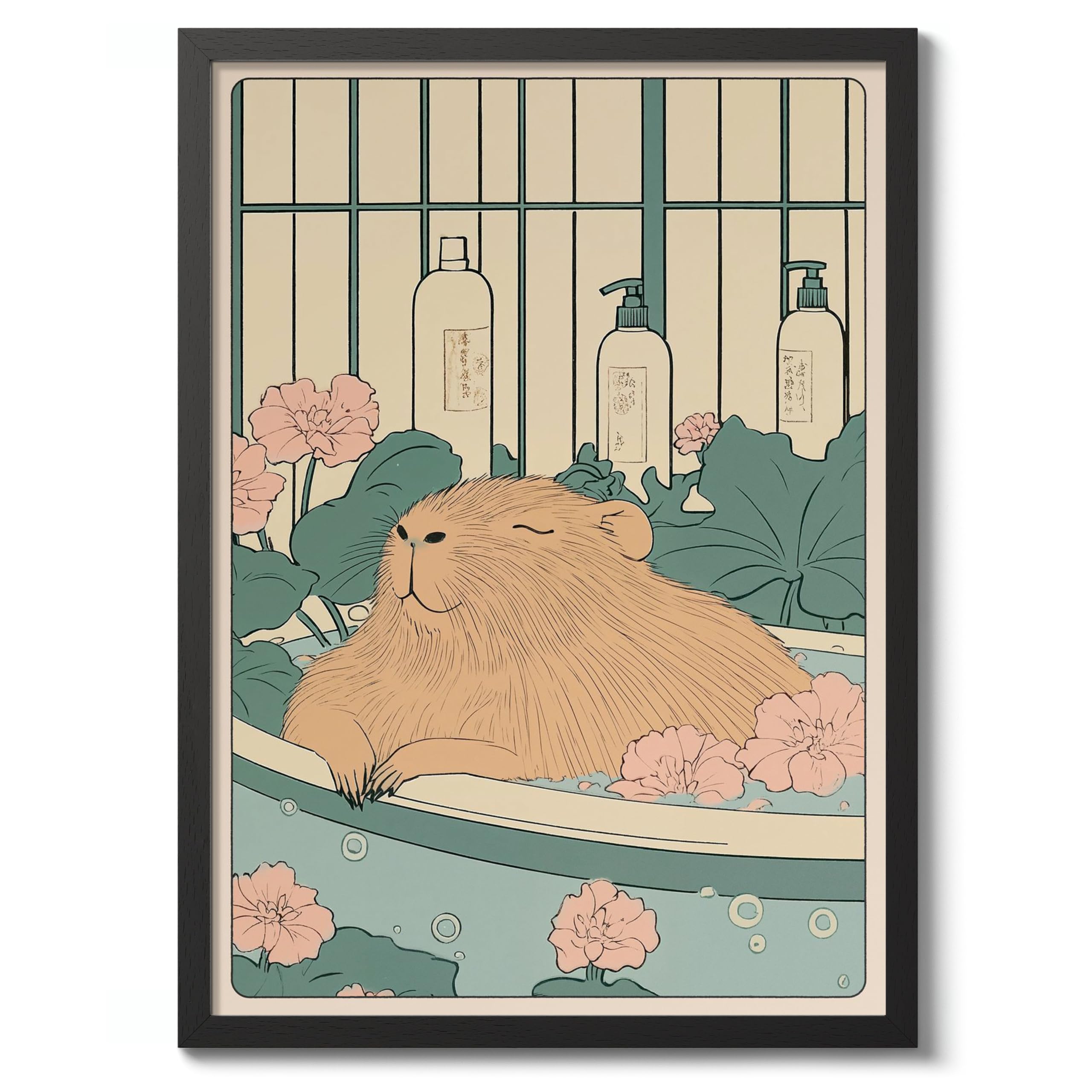 Capybara Bathtime Anime Animal Poster, Funny Bathroom Wall Art Print, Manga, Bathroom Wall Art, Toilet Decor, A5 (Black Frame) - 24.1x17.9cm