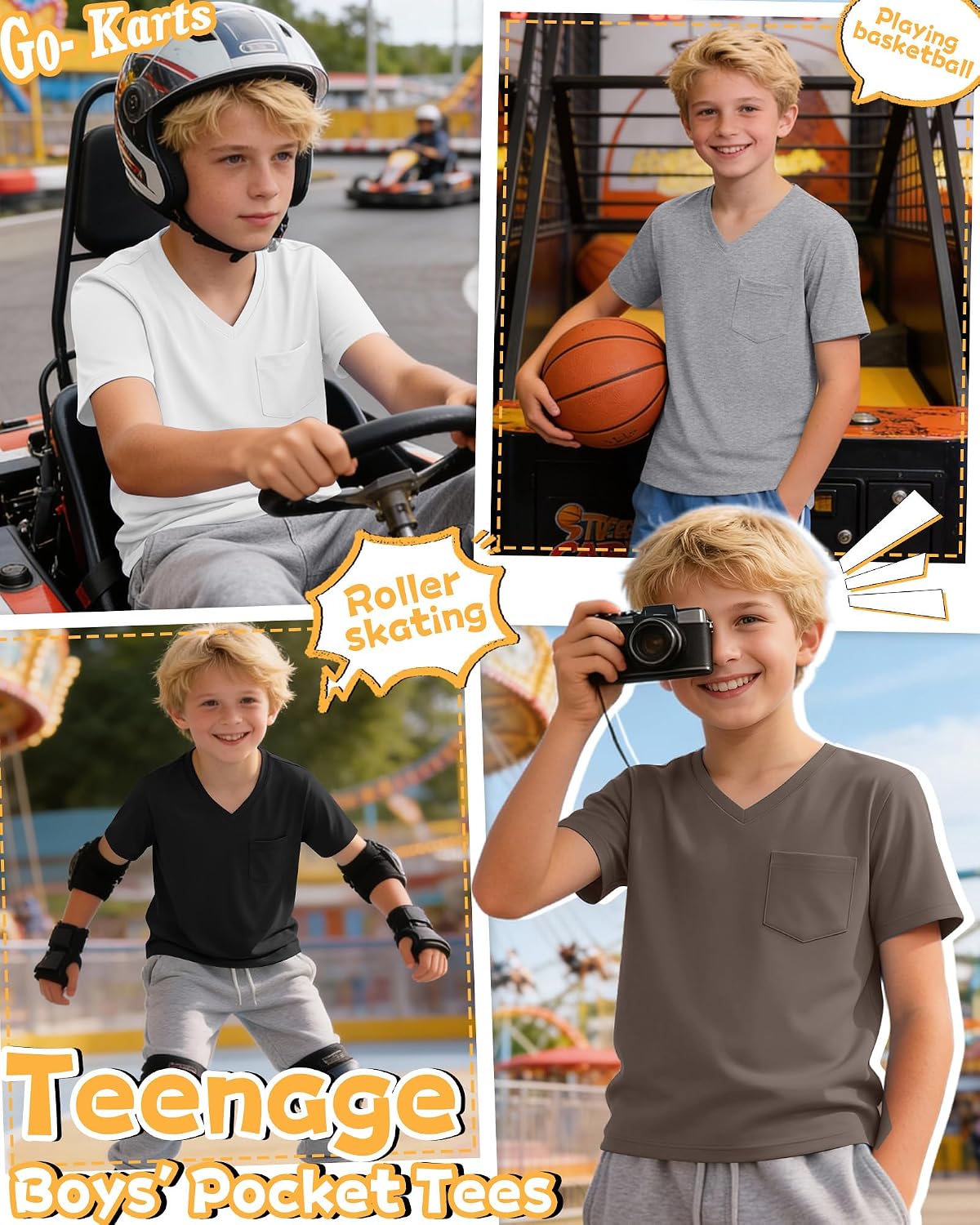 4 Pack Boys' Short Sleeve T-Shirts Pocket V Neck Loose Fit Tops Tween Kids Casual Solid Summer Basic Tees 5-14 Years